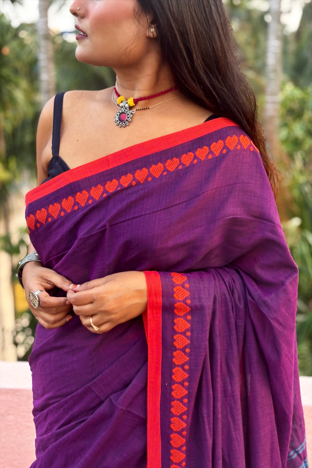 Purple Cotton Dhaniakhali Saree with Love Motifs Borders