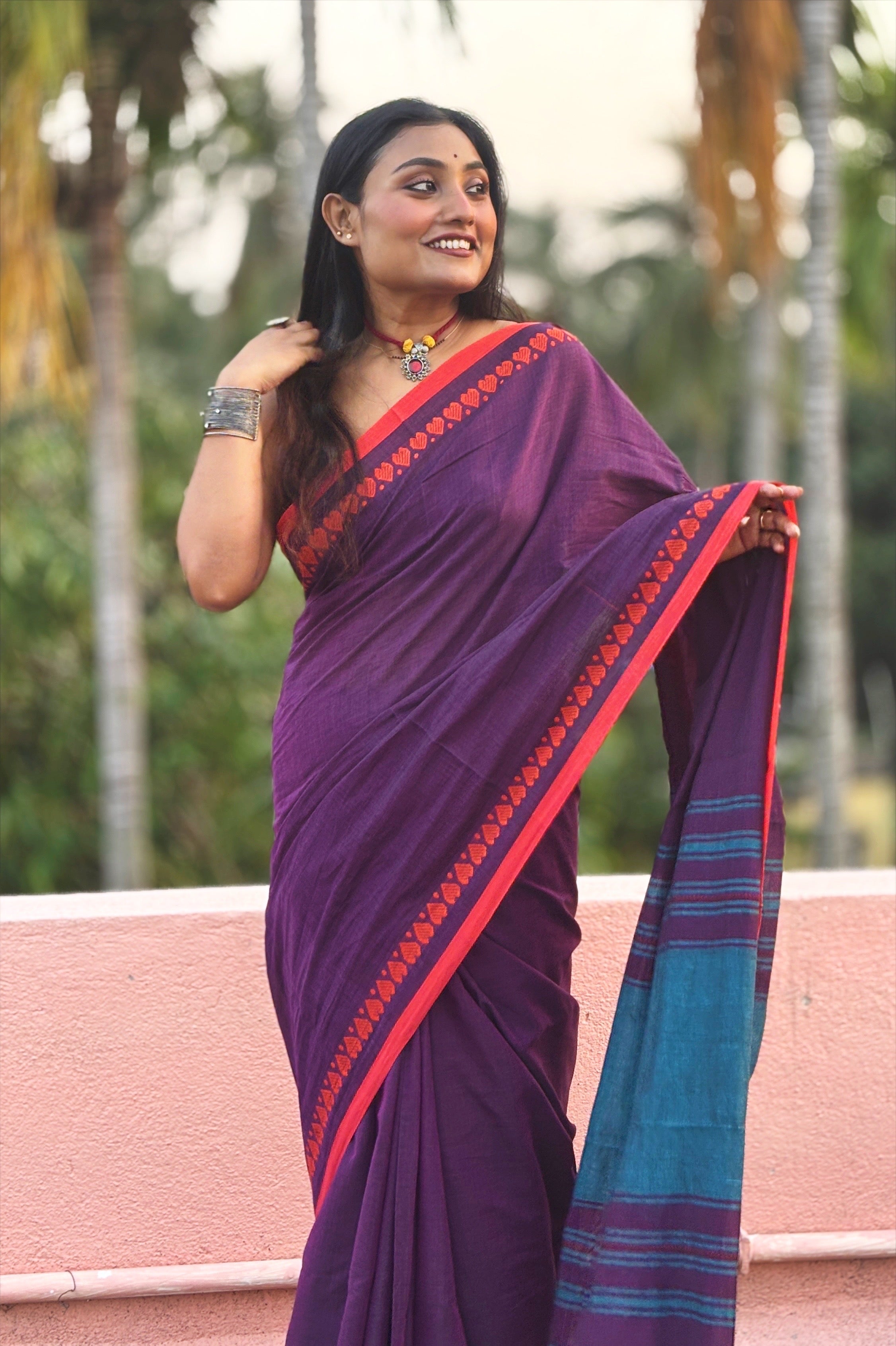 Purple Cotton Dhaniakhali Saree with Love Motifs Borders