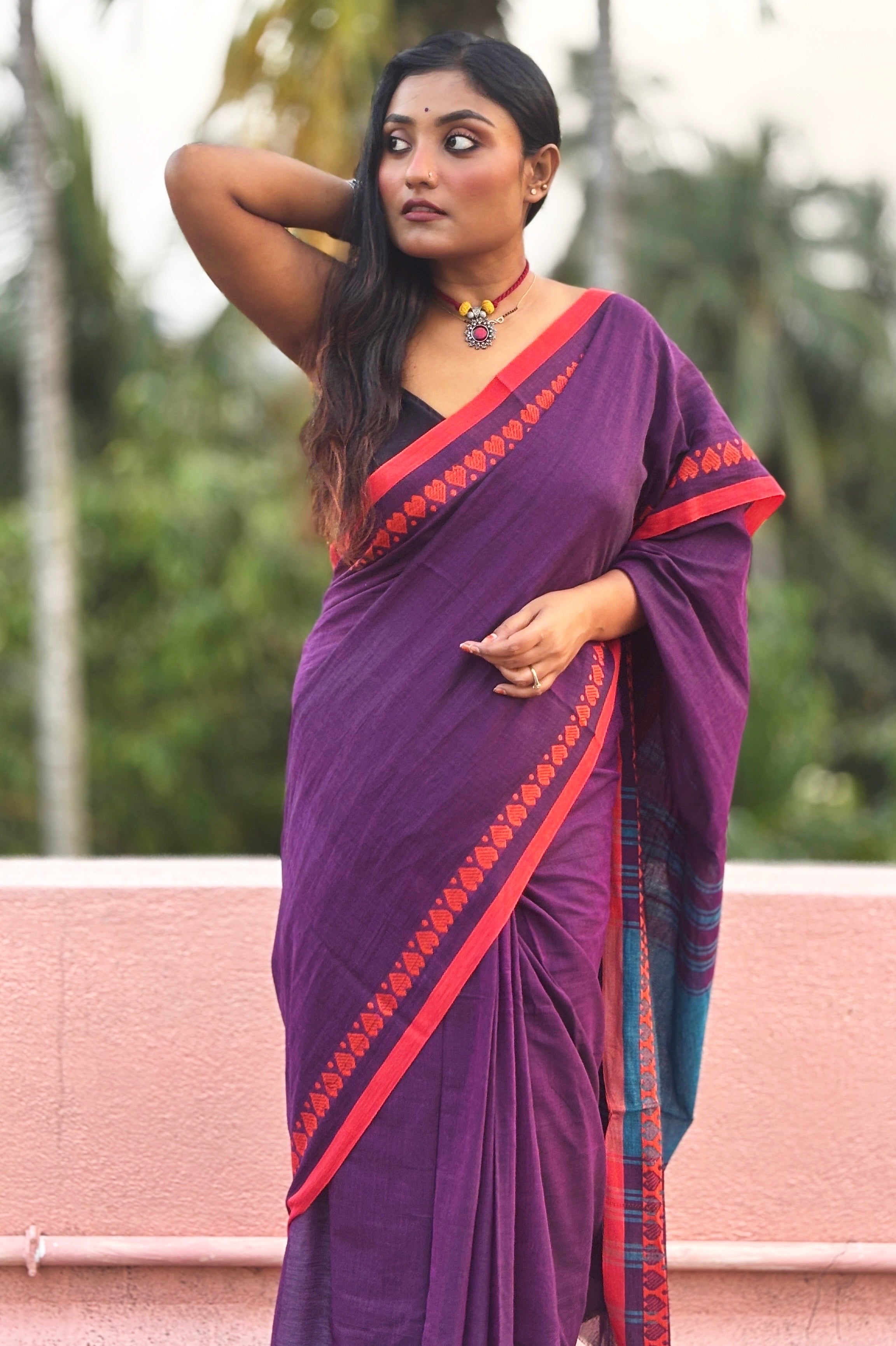 Purple Cotton Dhaniakhali Saree with Love Motifs Borders