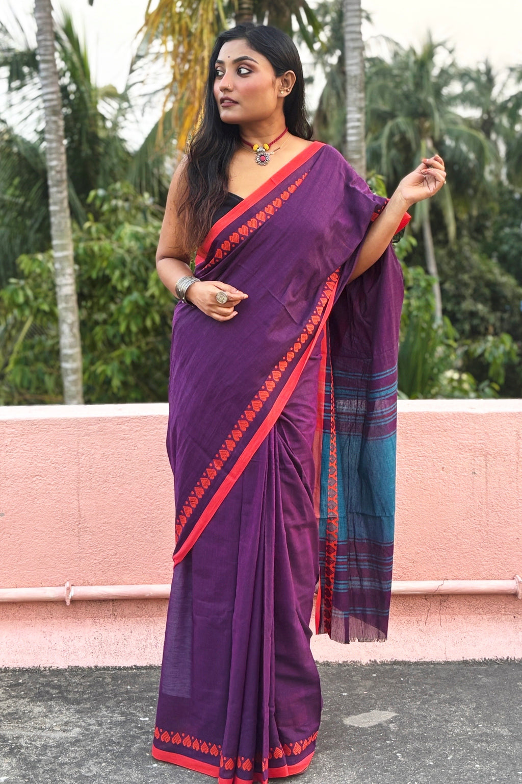 Purple Cotton Dhaniakhali Saree with Love Motifs Borders