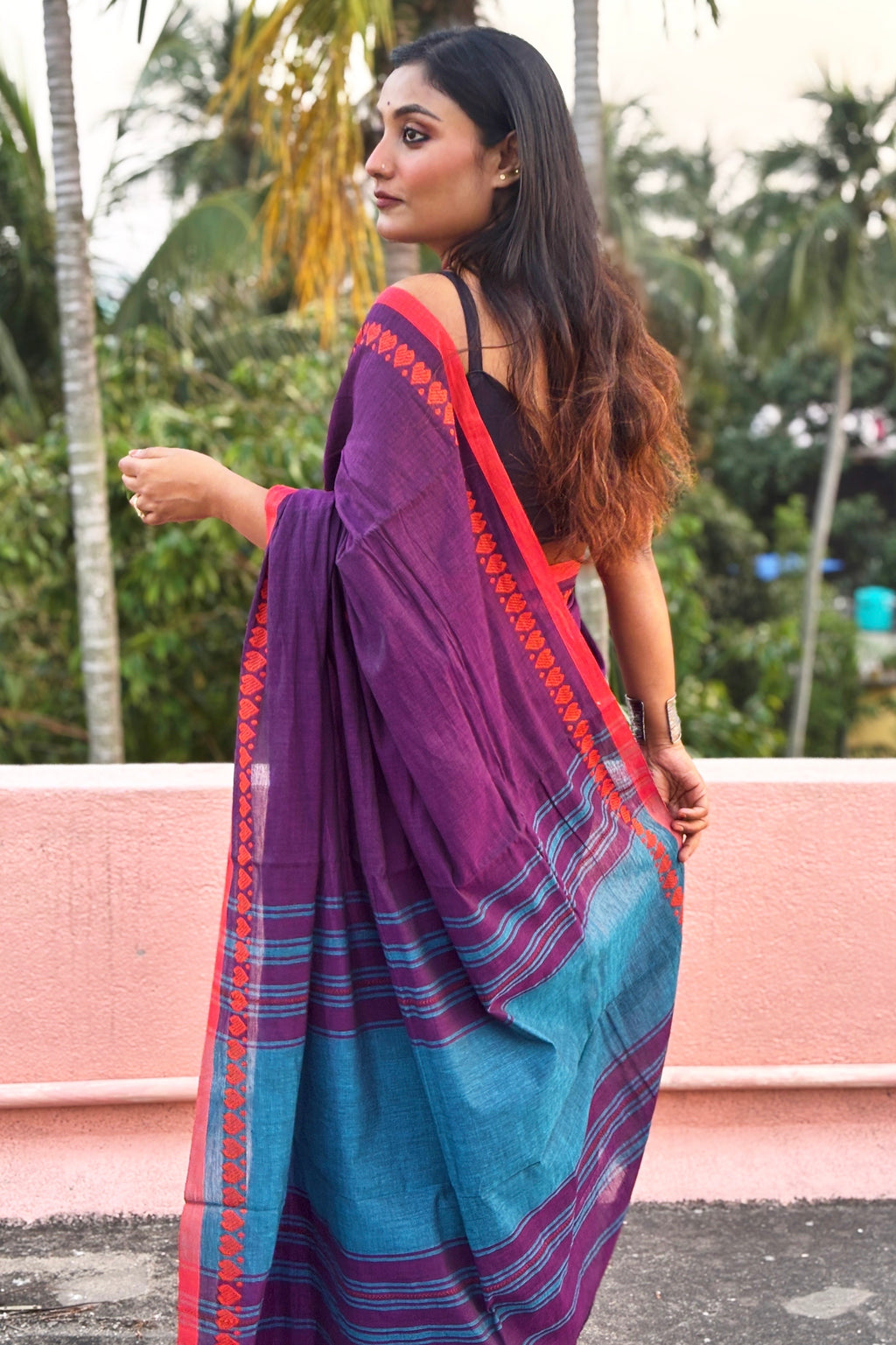 Purple Cotton Dhaniakhali Saree with Love Motifs Borders
