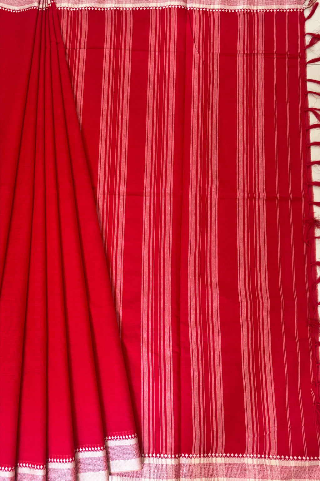 Red Bengal Cotton Saree with White Borders