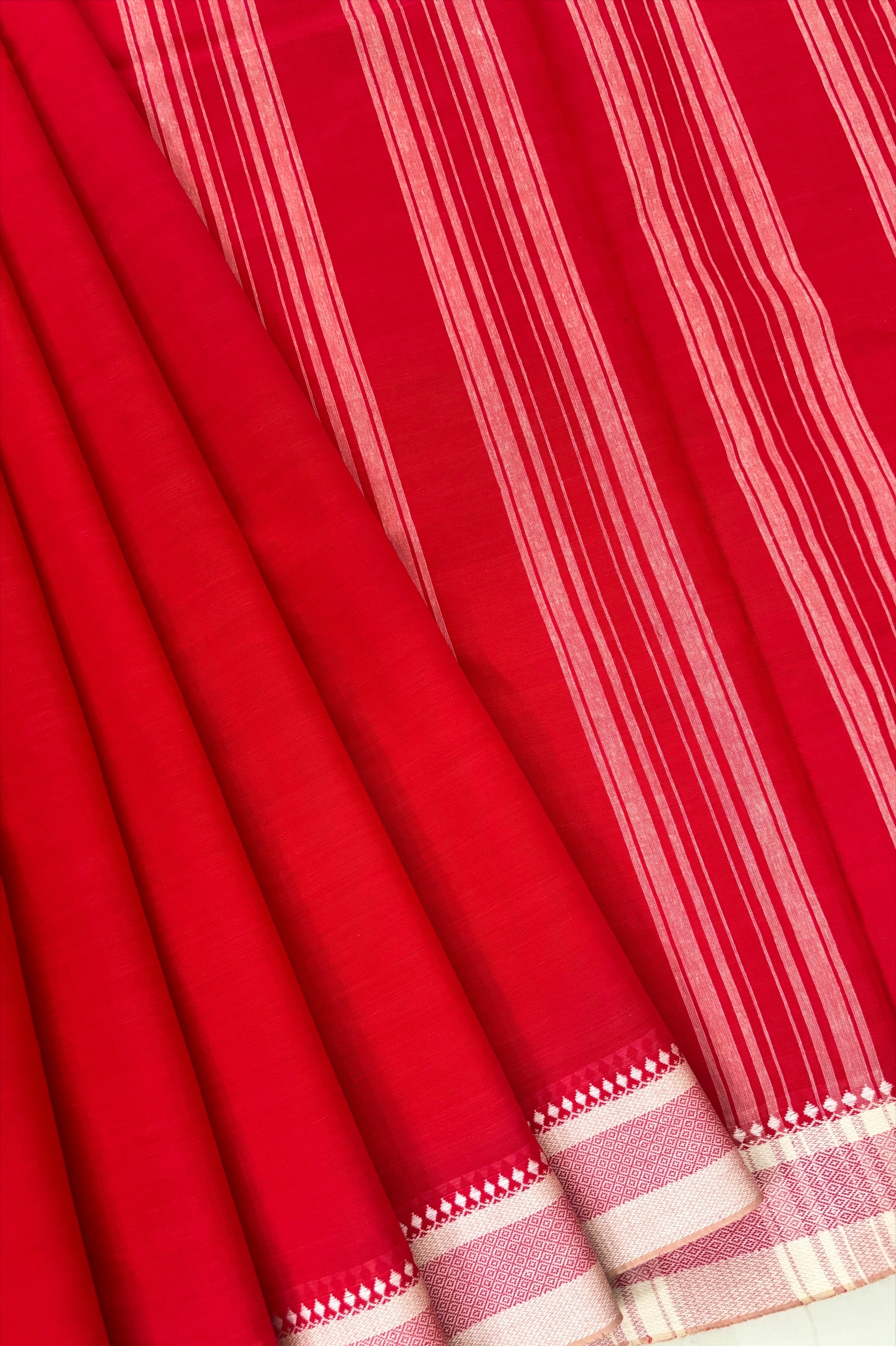 Red Bengal Cotton Saree with White Borders