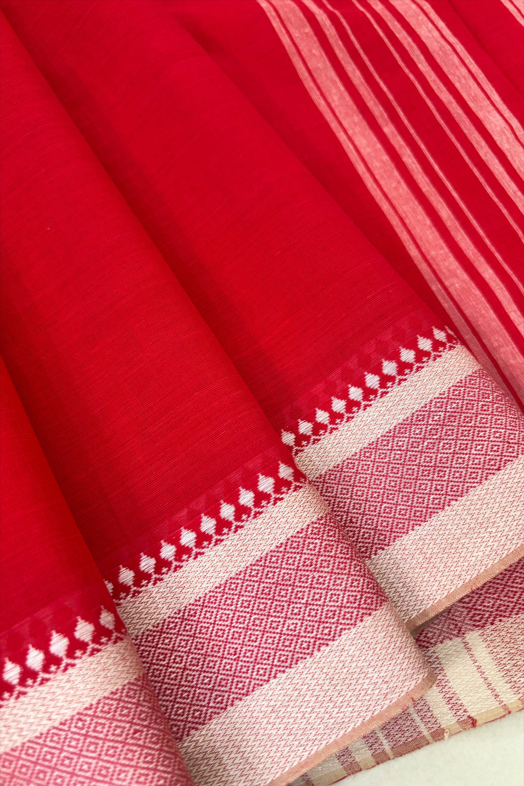 Red Bengal Cotton Saree with White Borders