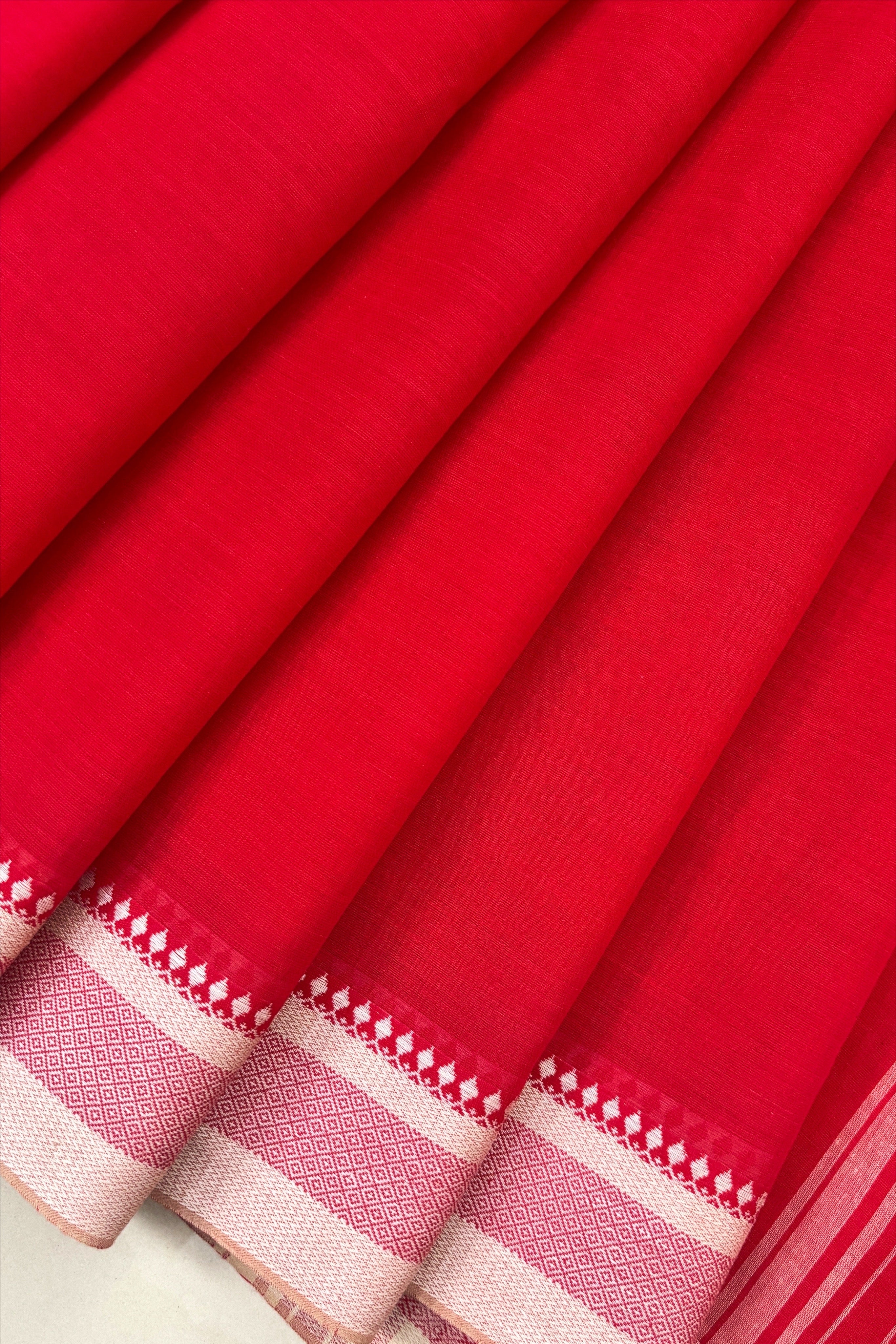 Red Bengal Cotton Saree with White Borders