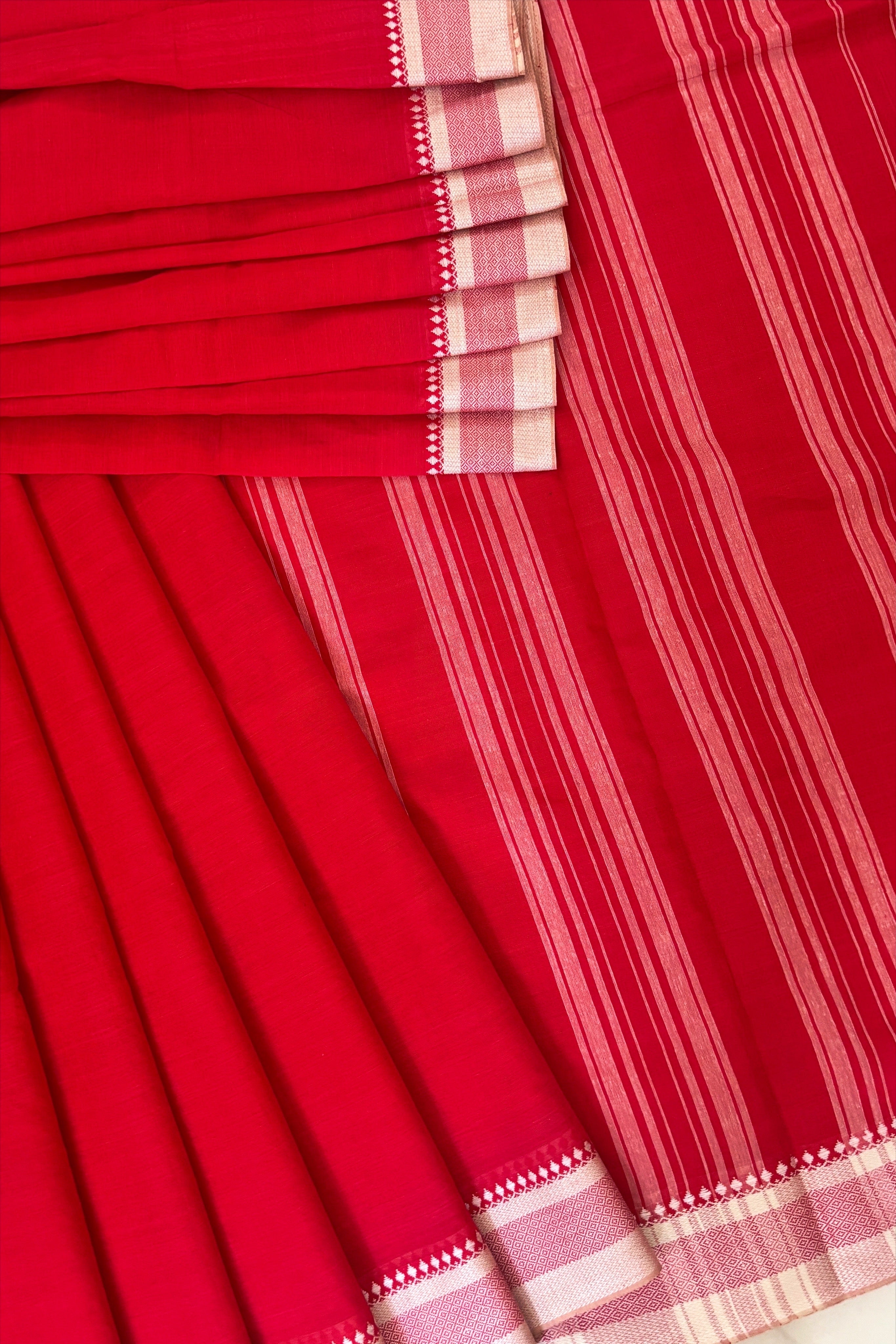 Red Bengal Cotton Saree with White Borders