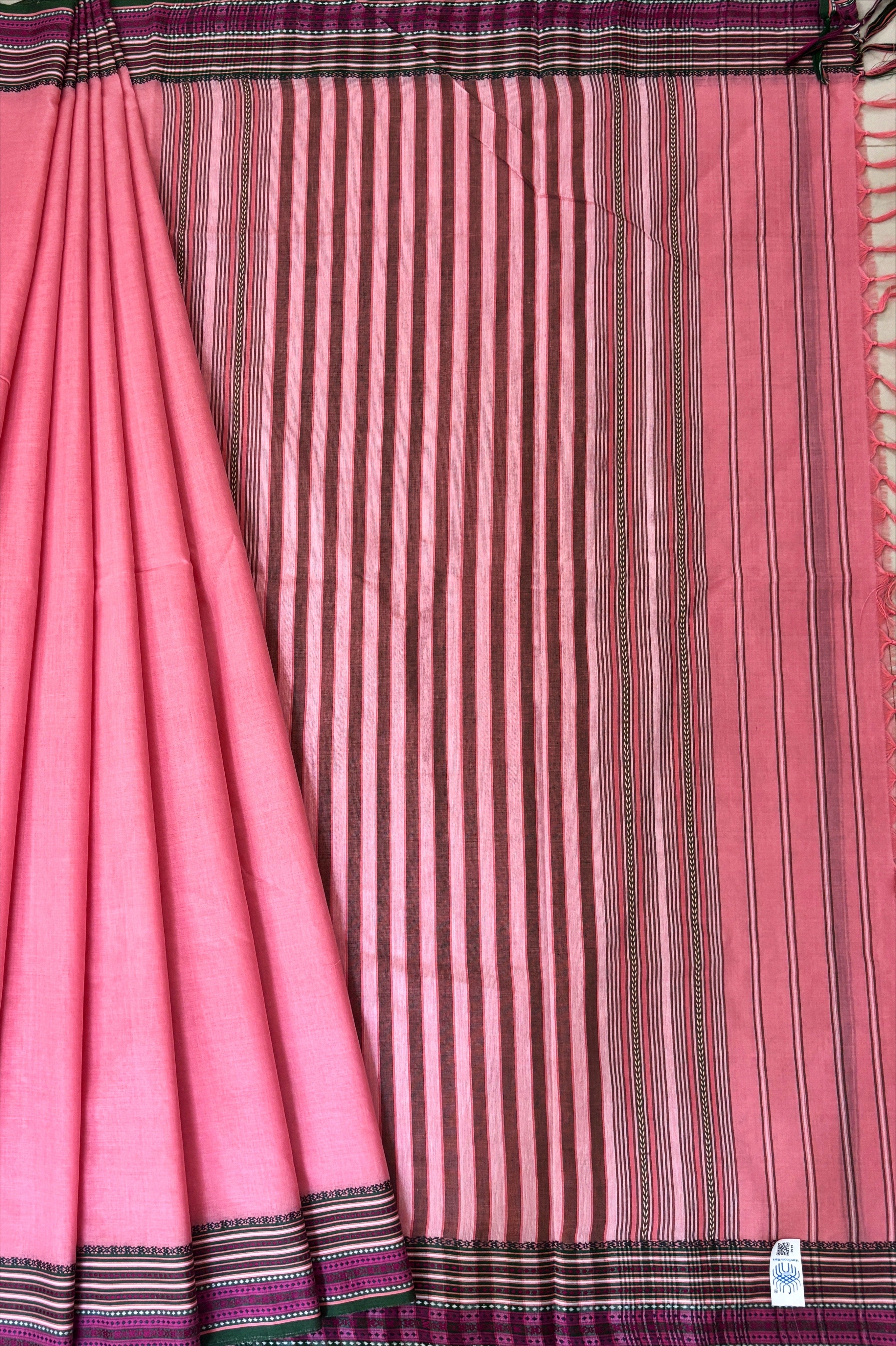 Pink Bengal Cotton Saree with Multicolor Borders