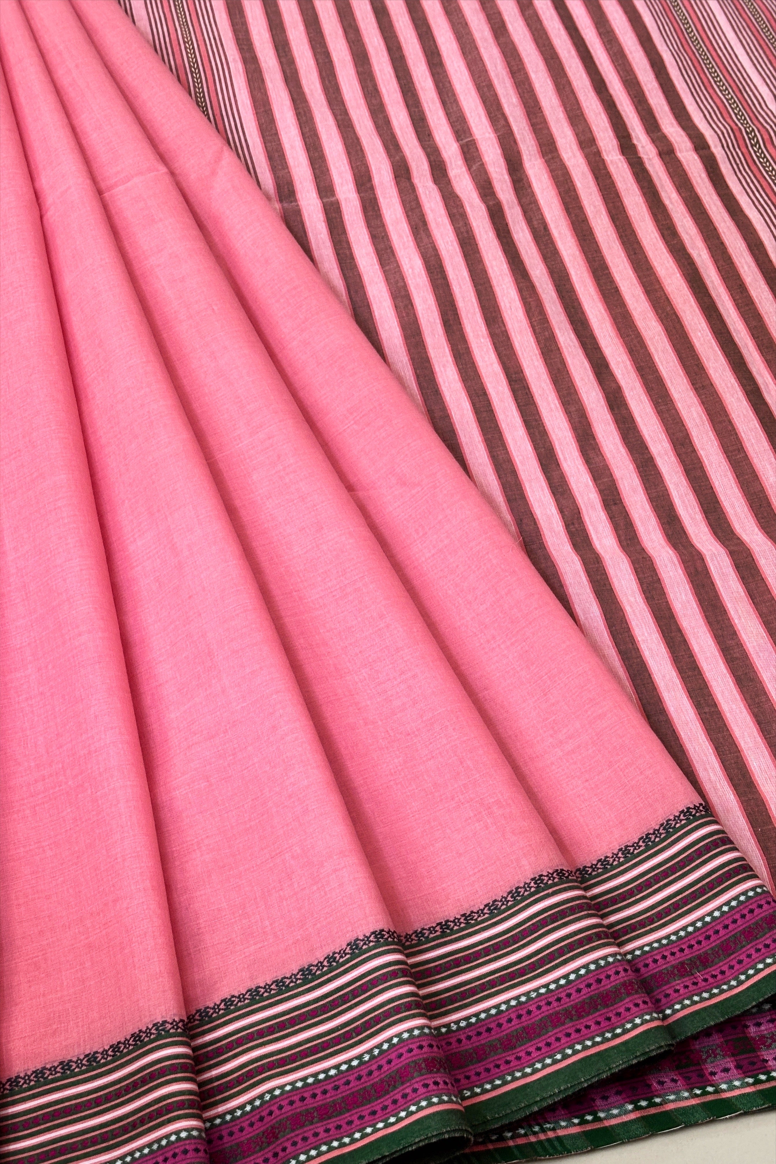 Pink Bengal Cotton Saree with Multicolor Borders