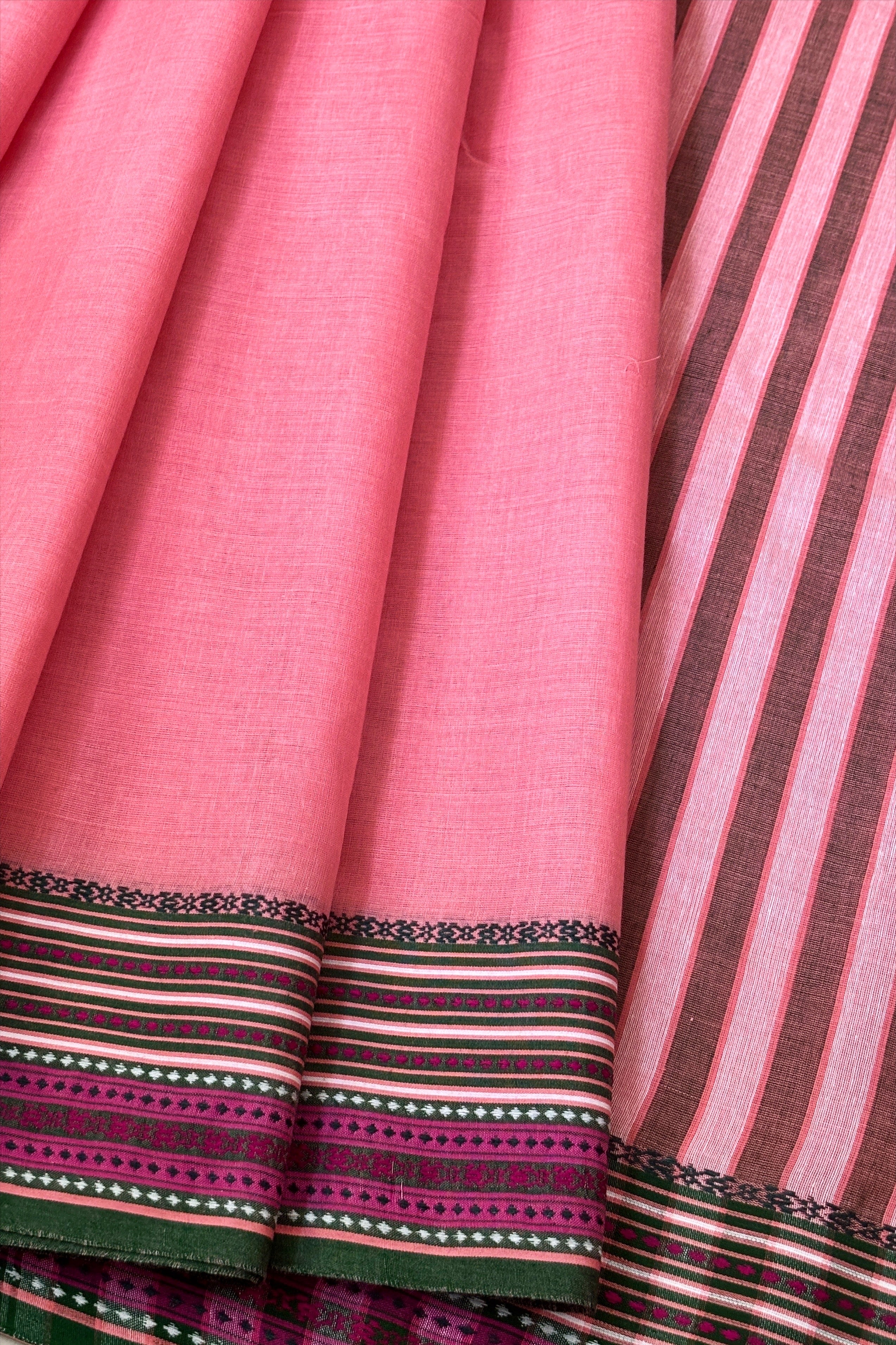 Pink Bengal Cotton Saree with Multicolor Borders