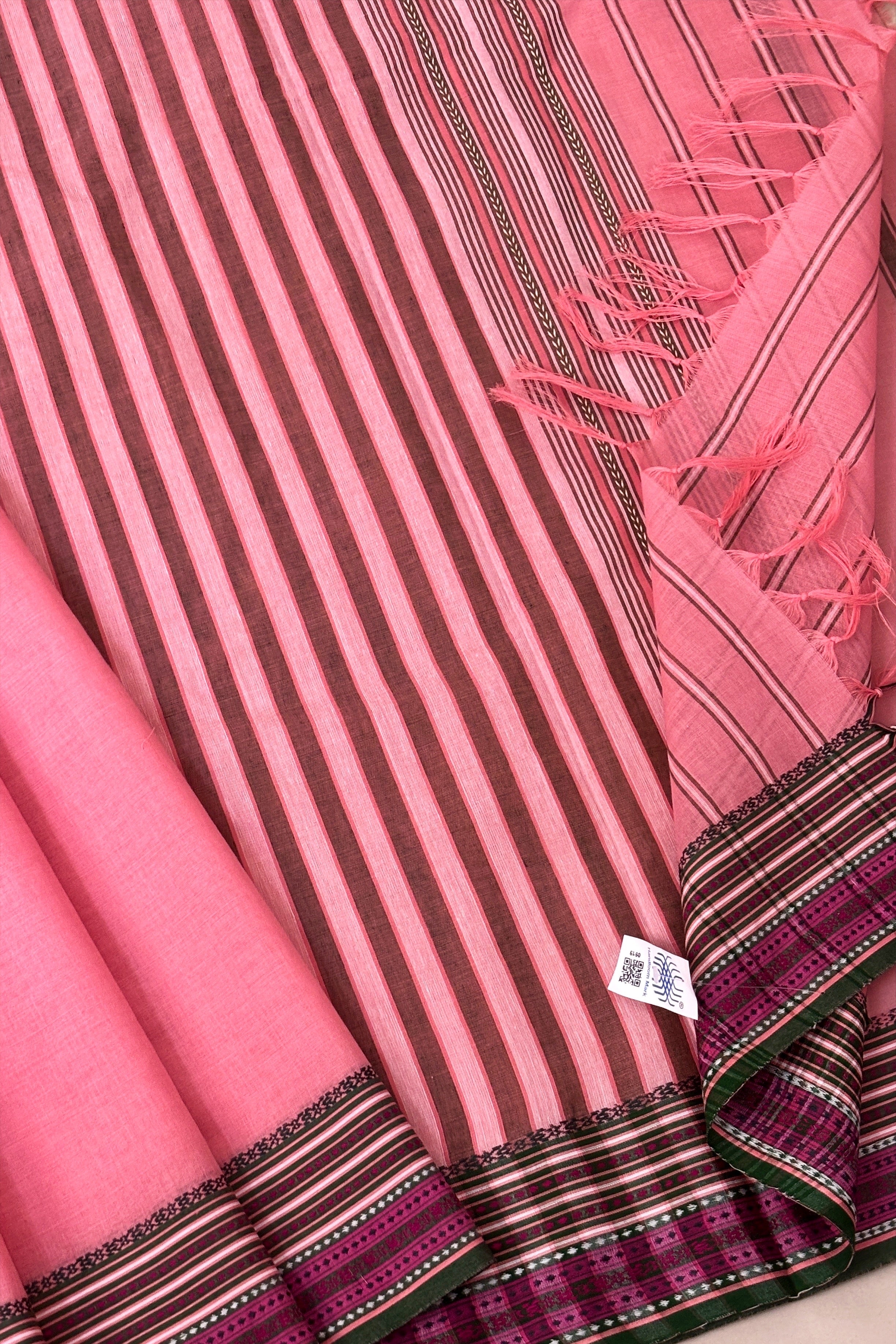 Pink Bengal Cotton Saree with Multicolor Borders