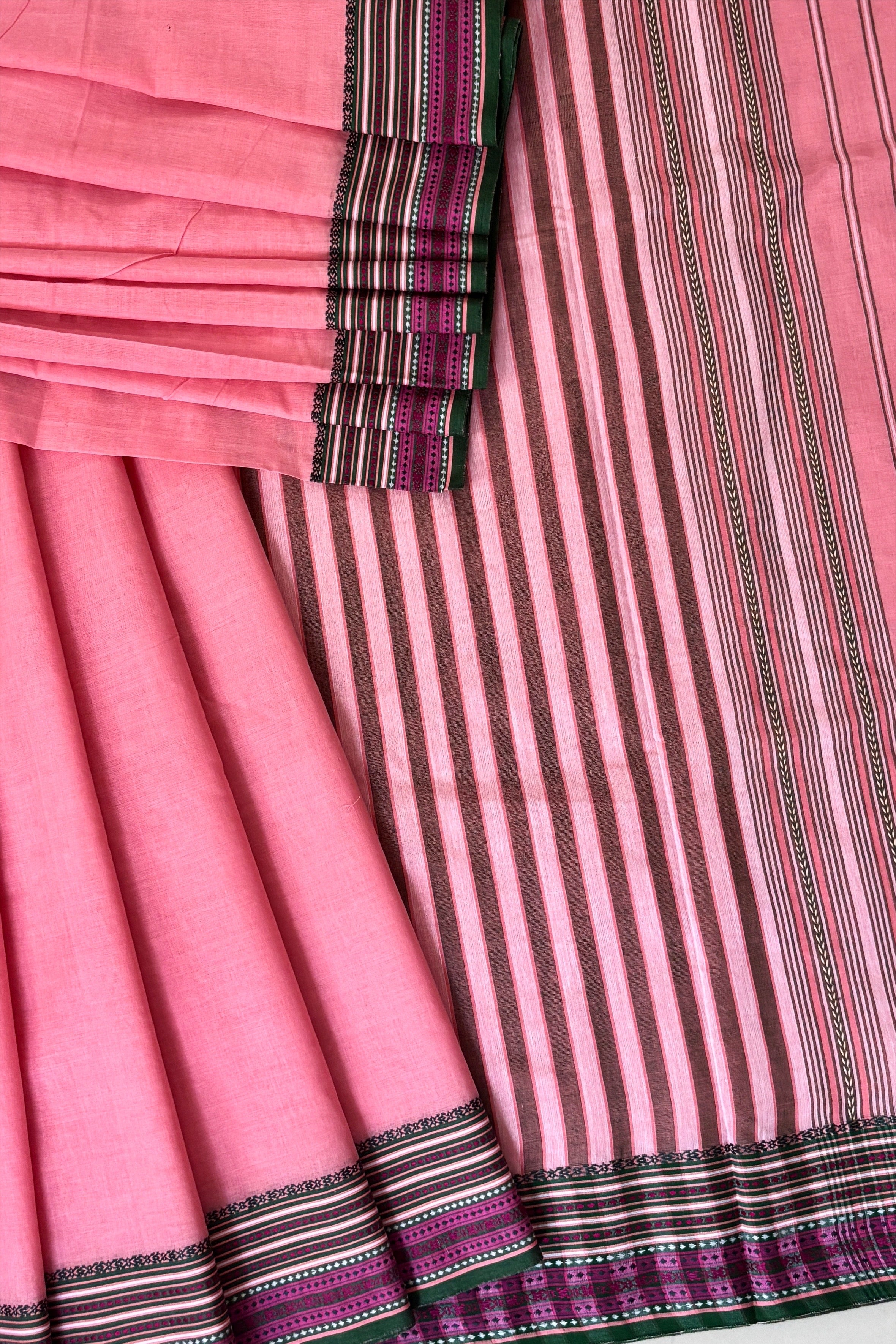 Pink Bengal Cotton Saree with Multicolor Borders
