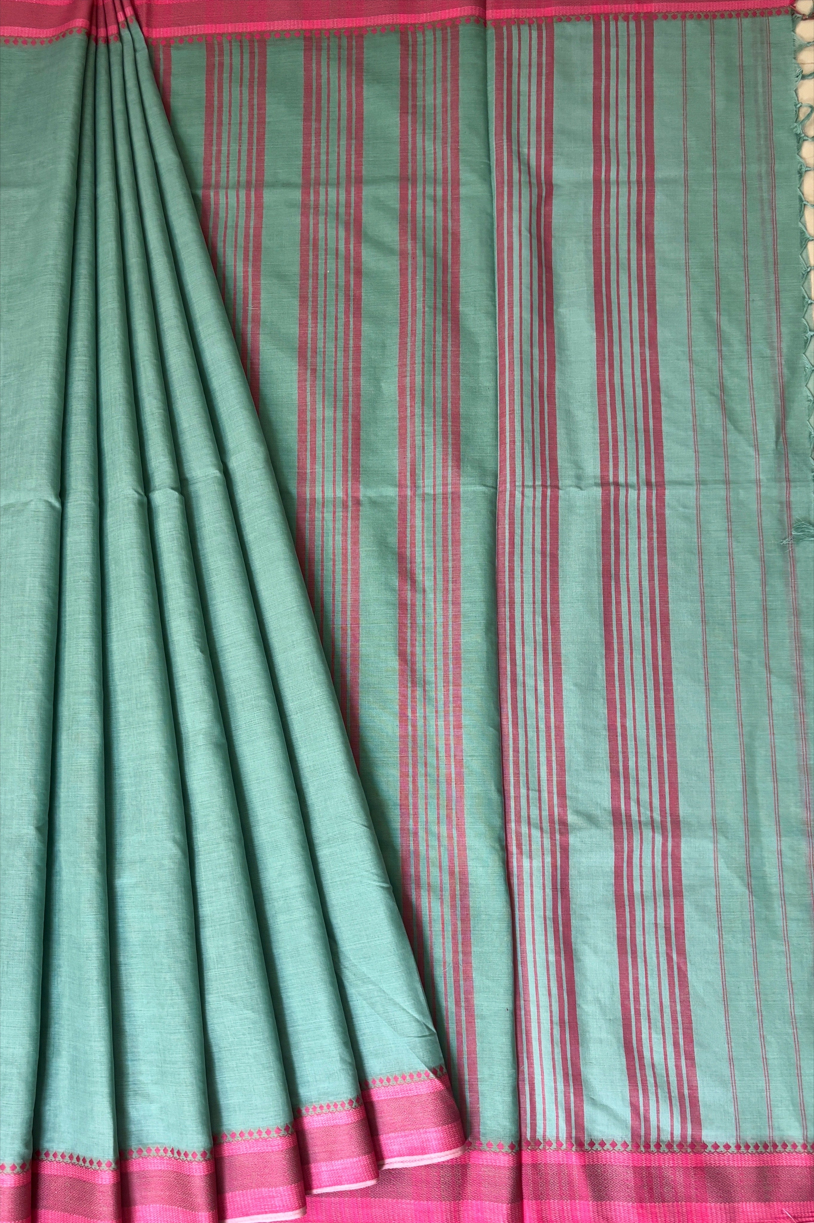 Sea Green Bengal Cotton Saree with Pink Borders