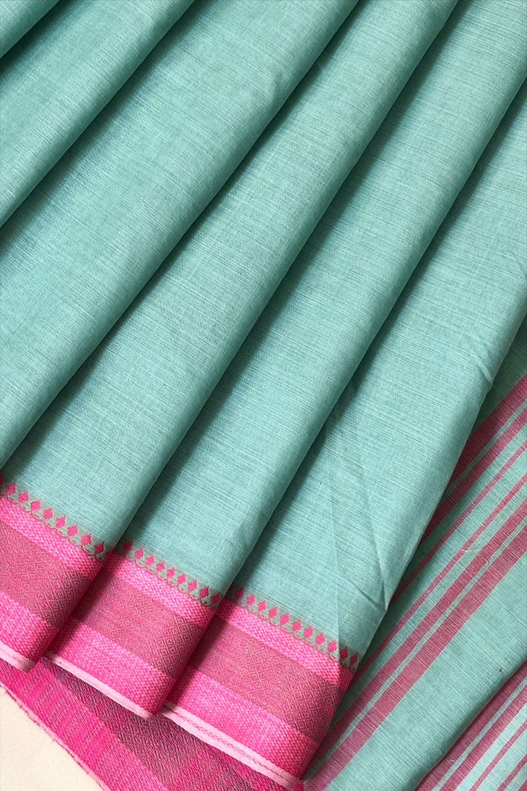 Sea Green Bengal Cotton Saree with Pink Borders