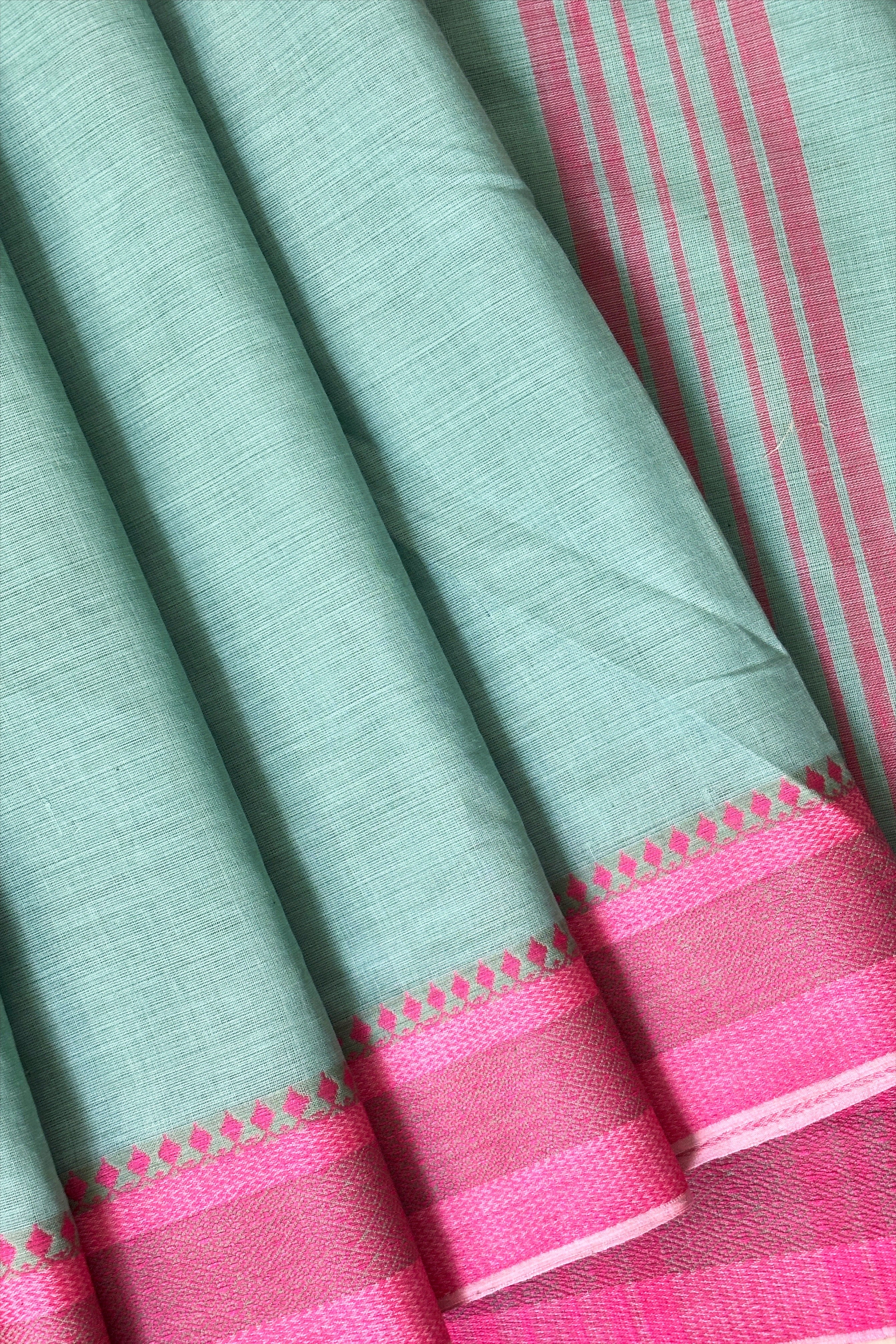 Sea Green Bengal Cotton Saree with Pink Borders