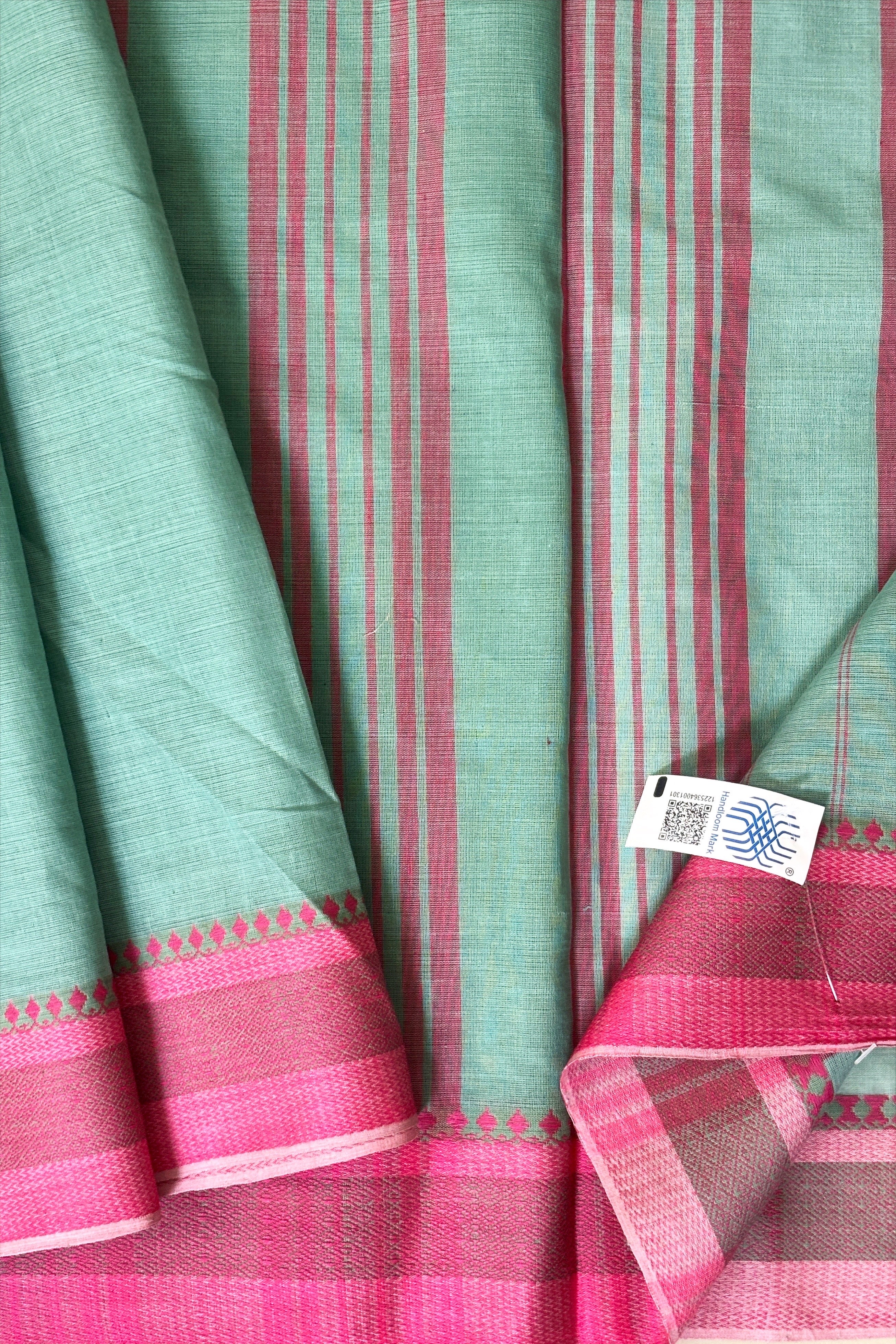 Sea Green Bengal Cotton Saree with Pink Borders