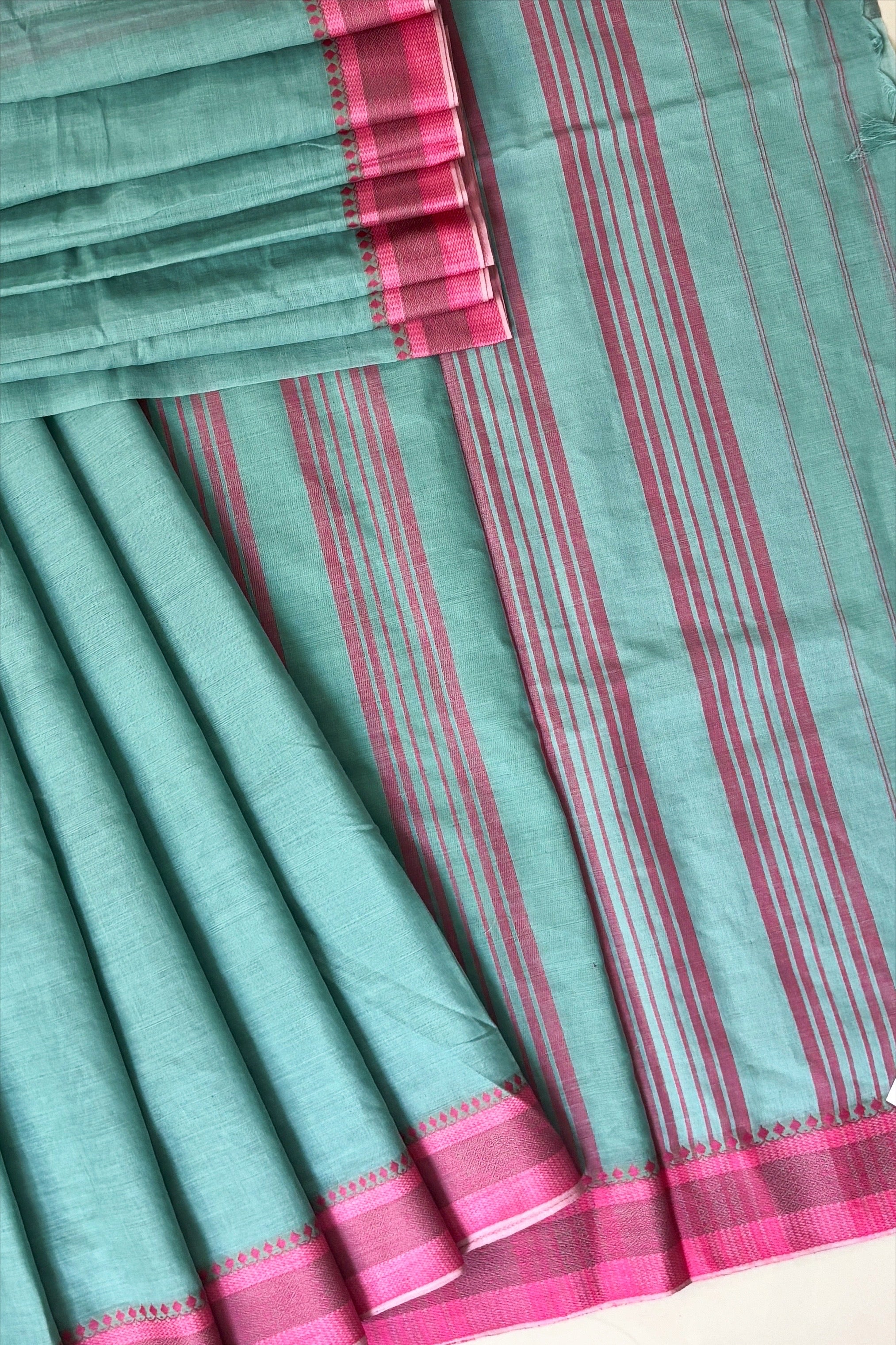 Sea Green Bengal Cotton Saree with Pink Borders