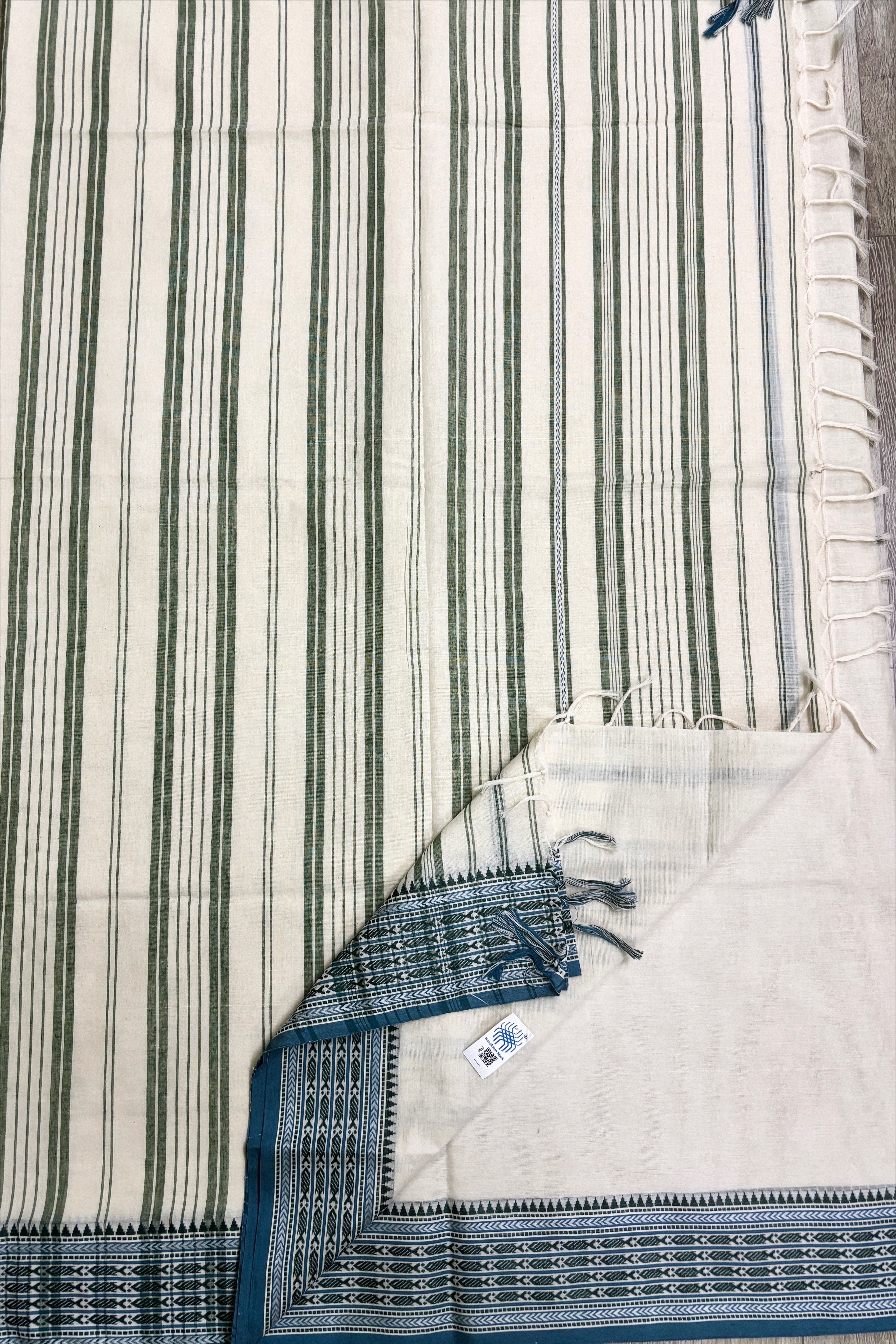 White Bengal Cotton Saree with Woven Blue Fish Borders