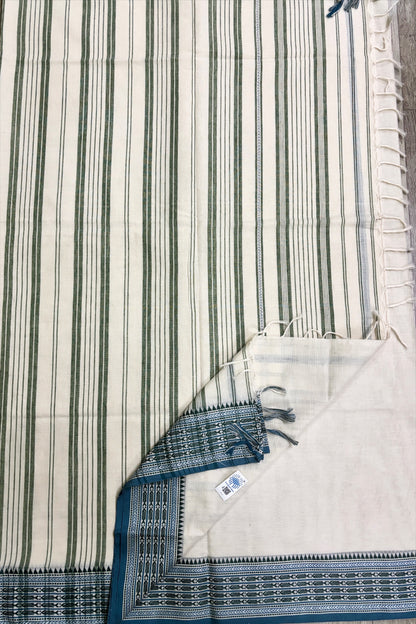 White Bengal Cotton Saree with Woven Blue Fish Borders