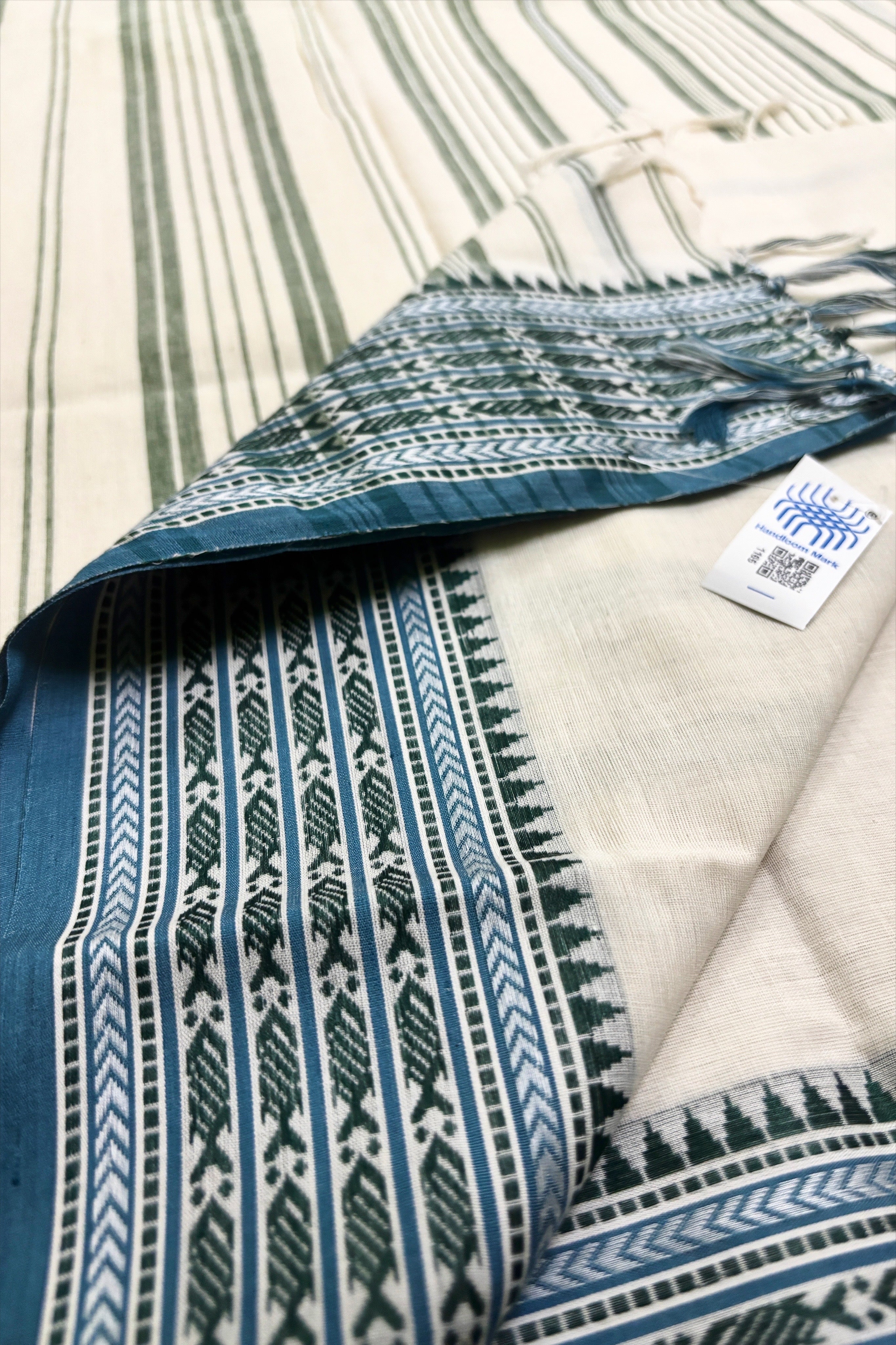 White Bengal Cotton Saree with Woven Blue Fish Borders