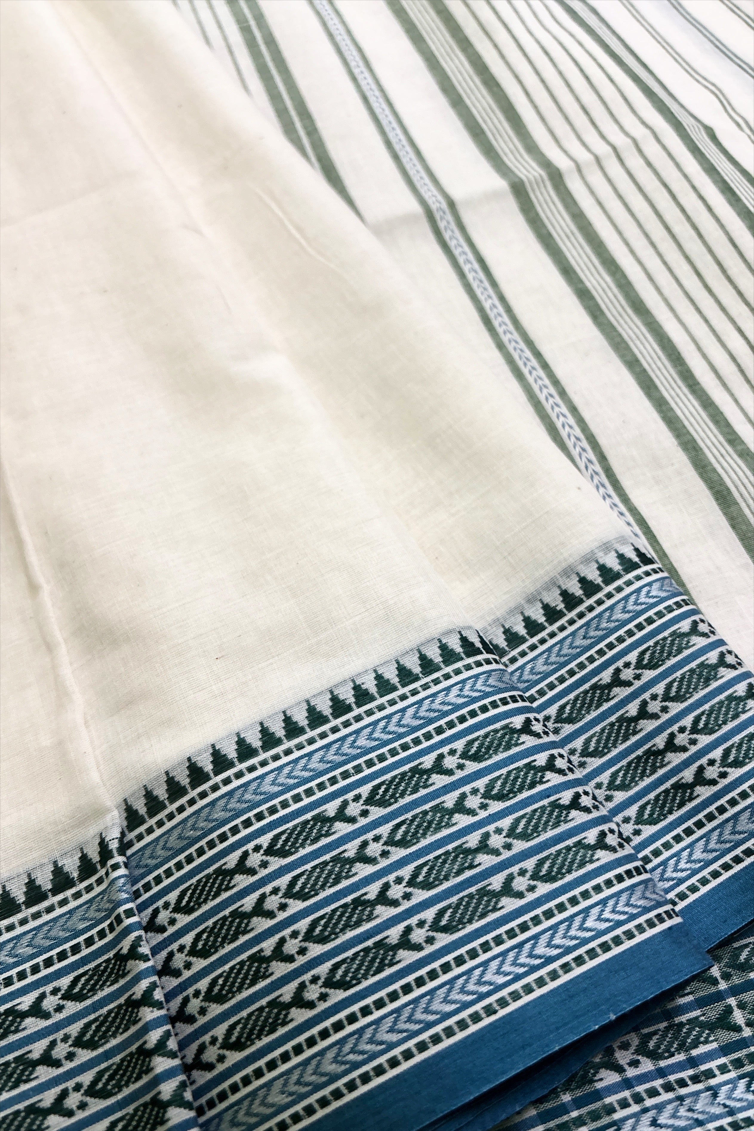 White Bengal Cotton Saree with Woven Blue Fish Borders