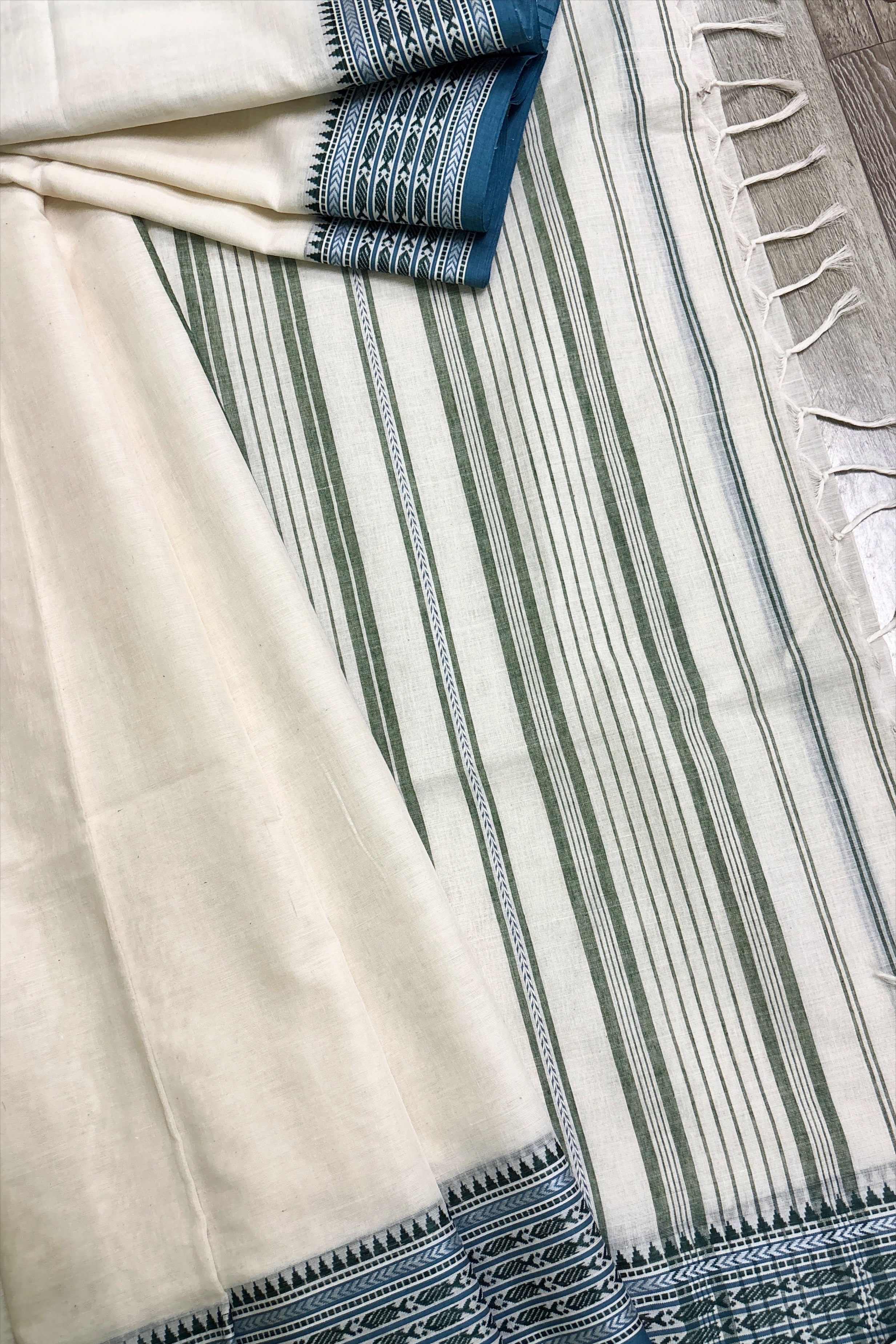 White Bengal Cotton Saree with Woven Blue Fish Borders