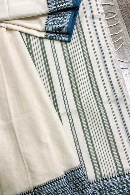 White Bengal Cotton Saree with Woven Blue Fish Borders