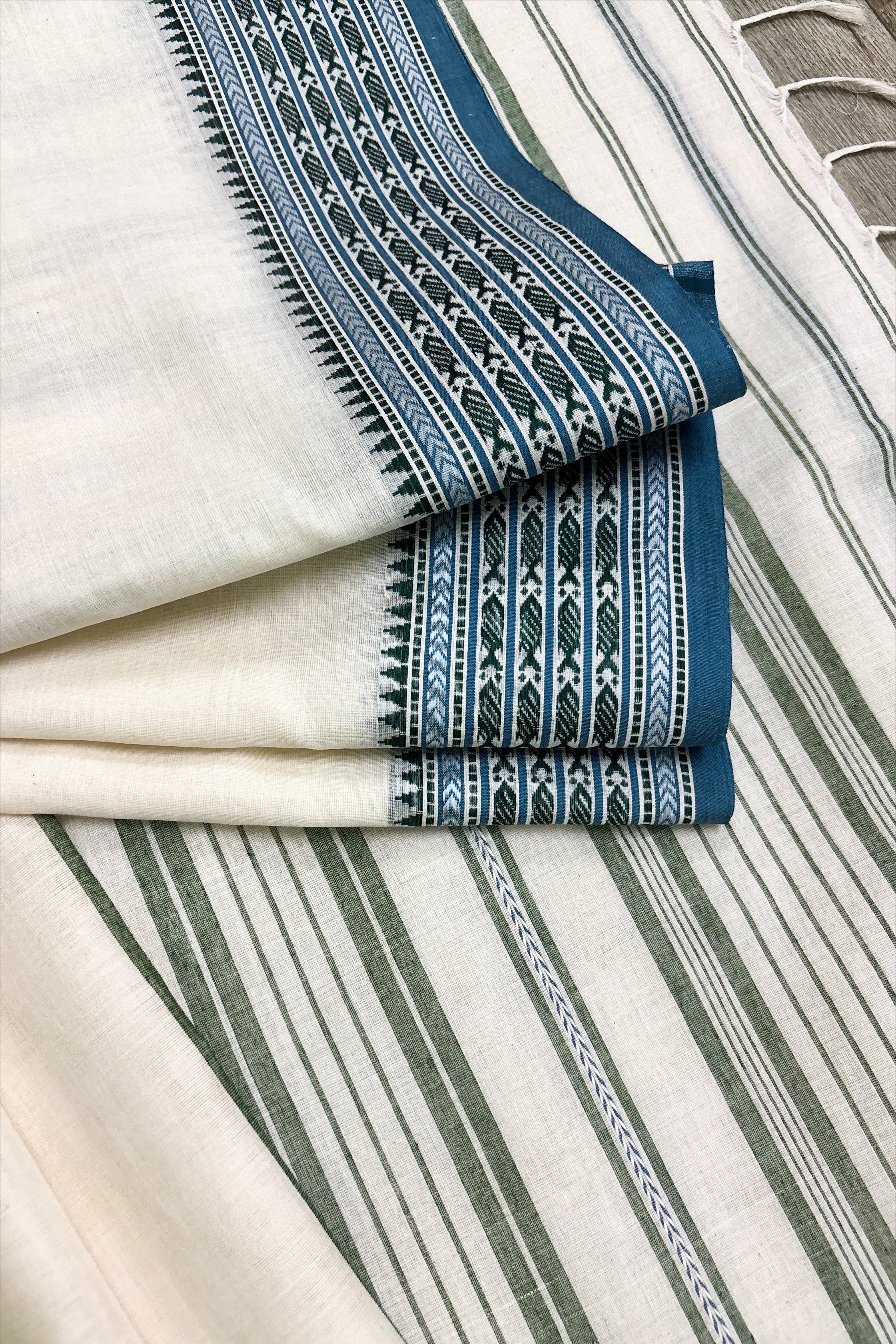 White Bengal Cotton Saree with Woven Blue Fish Borders