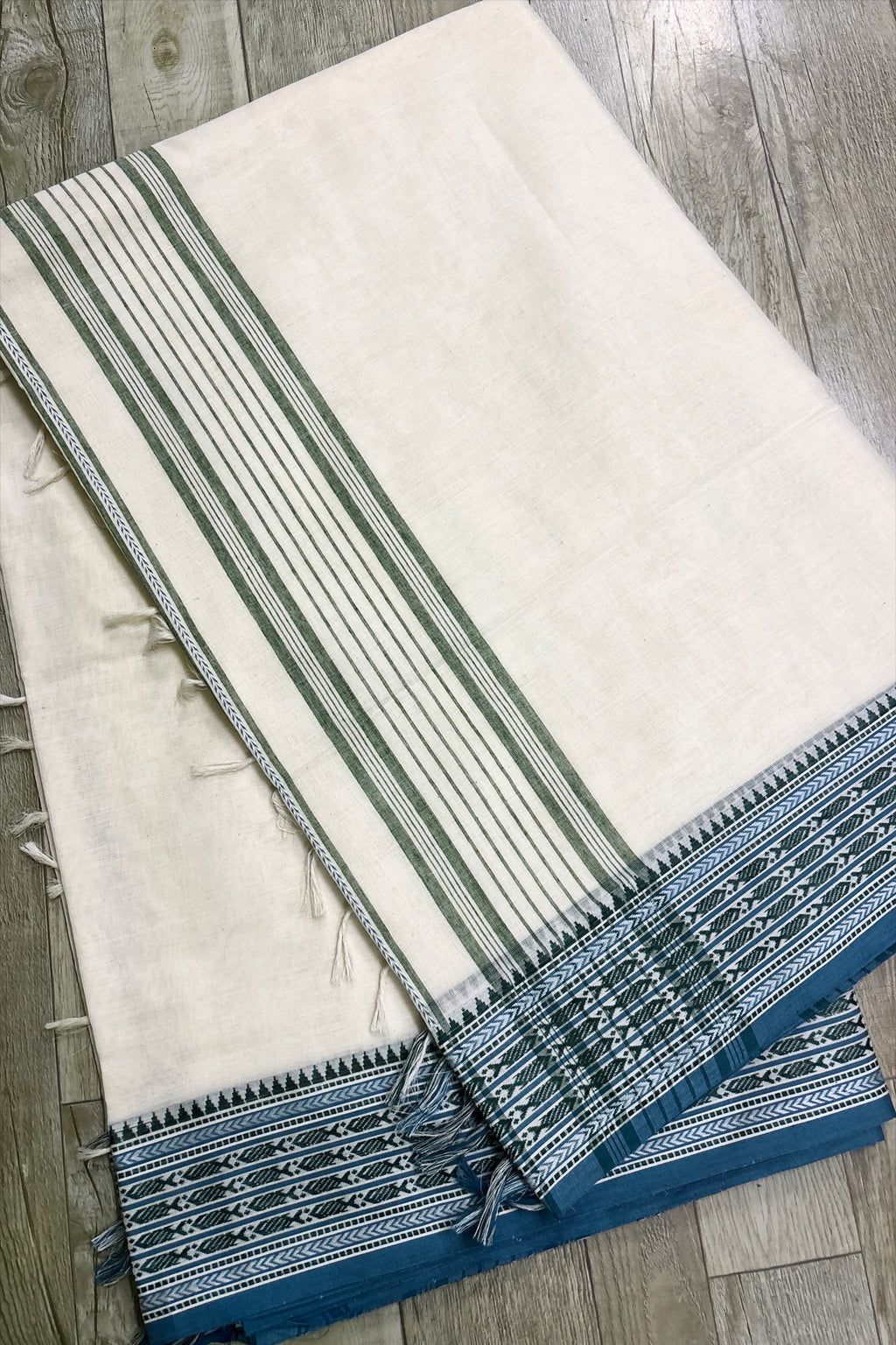 White Bengal Cotton Saree with Woven Blue Fish Borders