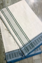 White Bengal Cotton Saree with Woven Blue Fish Borders