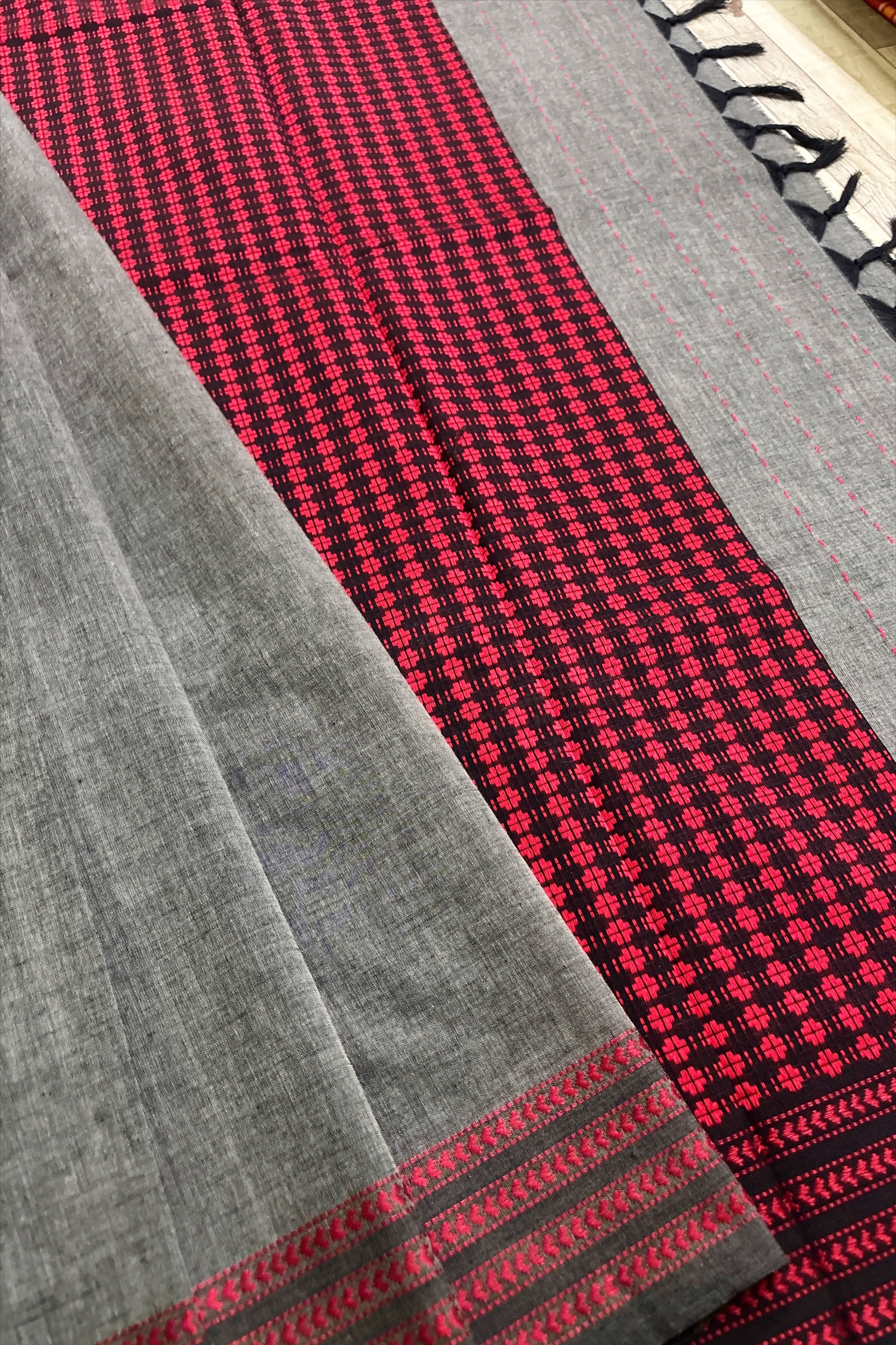 Dark Grey Bengal Cotton Saree with Heavy woven pallu