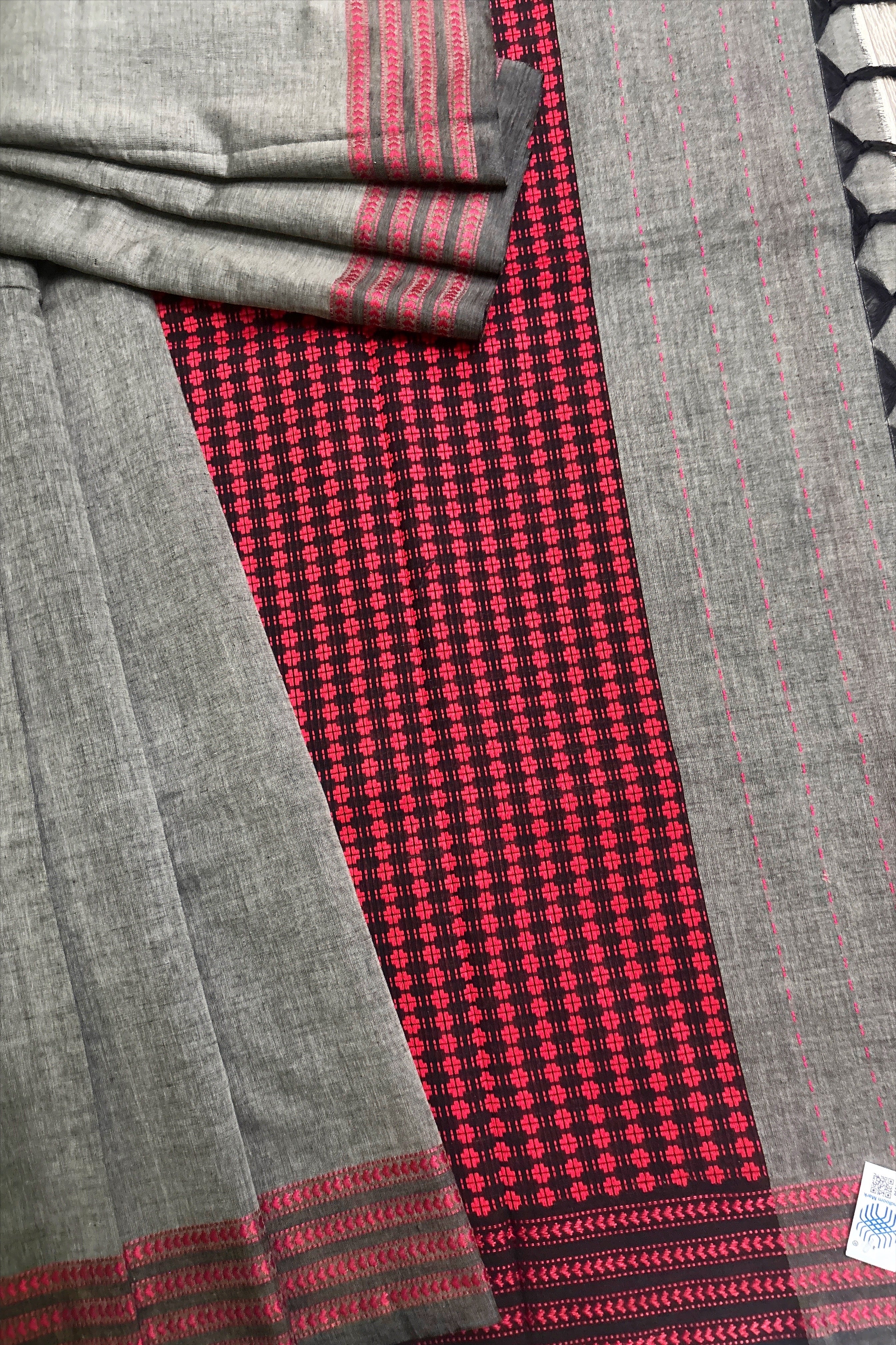 Dark Grey Bengal Cotton Saree with Heavy woven pallu