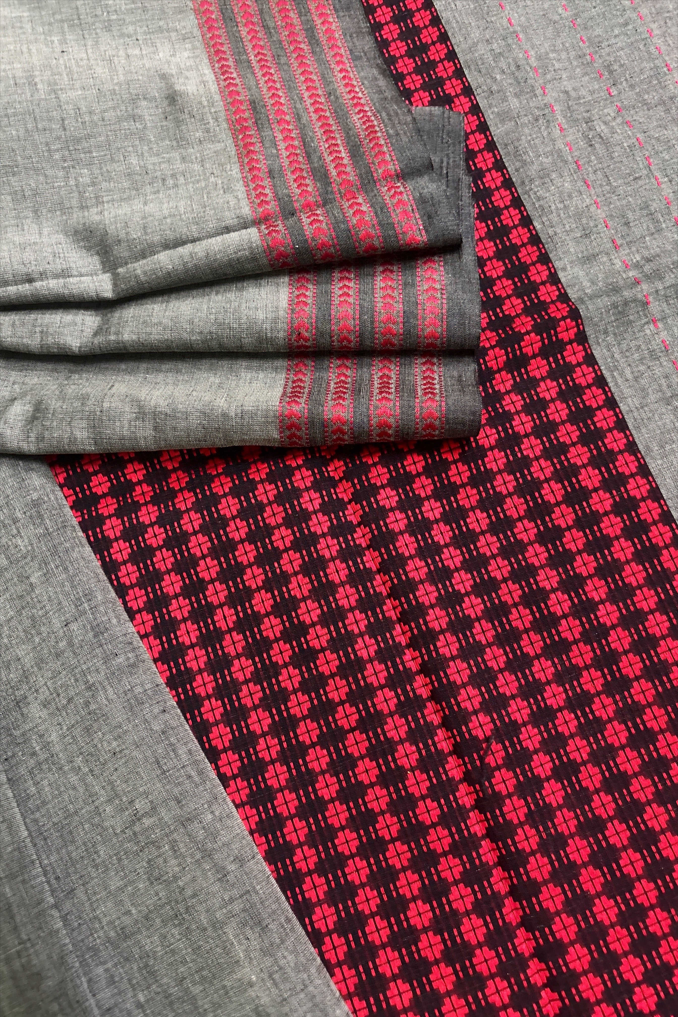 Dark Grey Bengal Cotton Saree with Heavy woven pallu