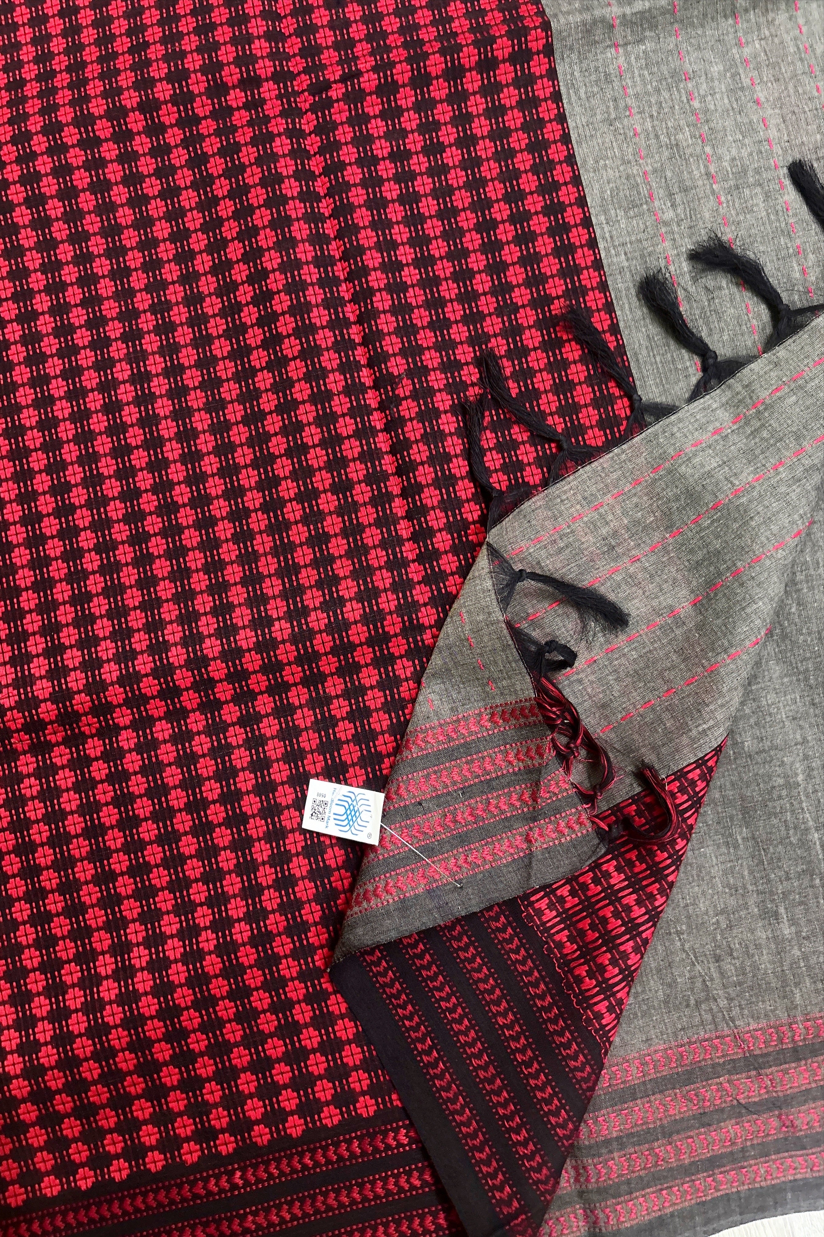 Dark Grey Bengal Cotton Saree with Heavy woven pallu