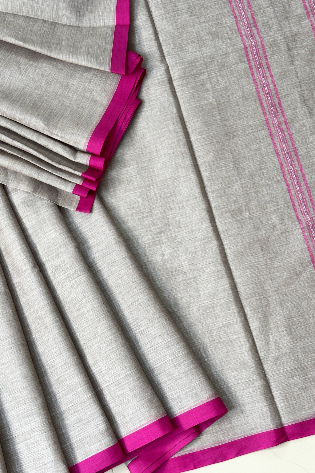 Grey Bengal Cotton Saree with Pink Borders