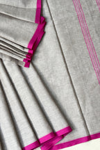 Grey Bengal Cotton Saree with Pink Borders