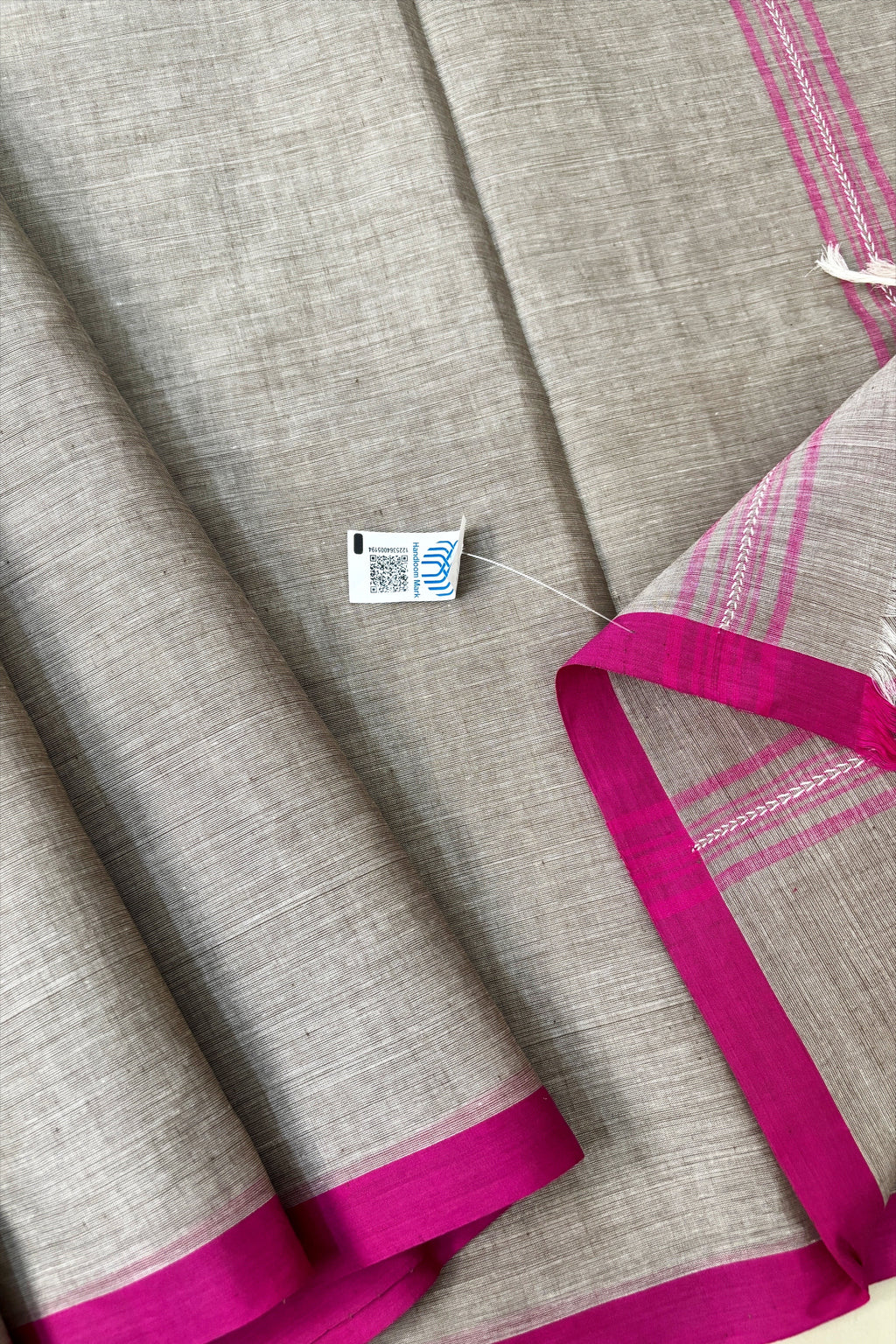 Grey Bengal Cotton Saree with Pink Borders