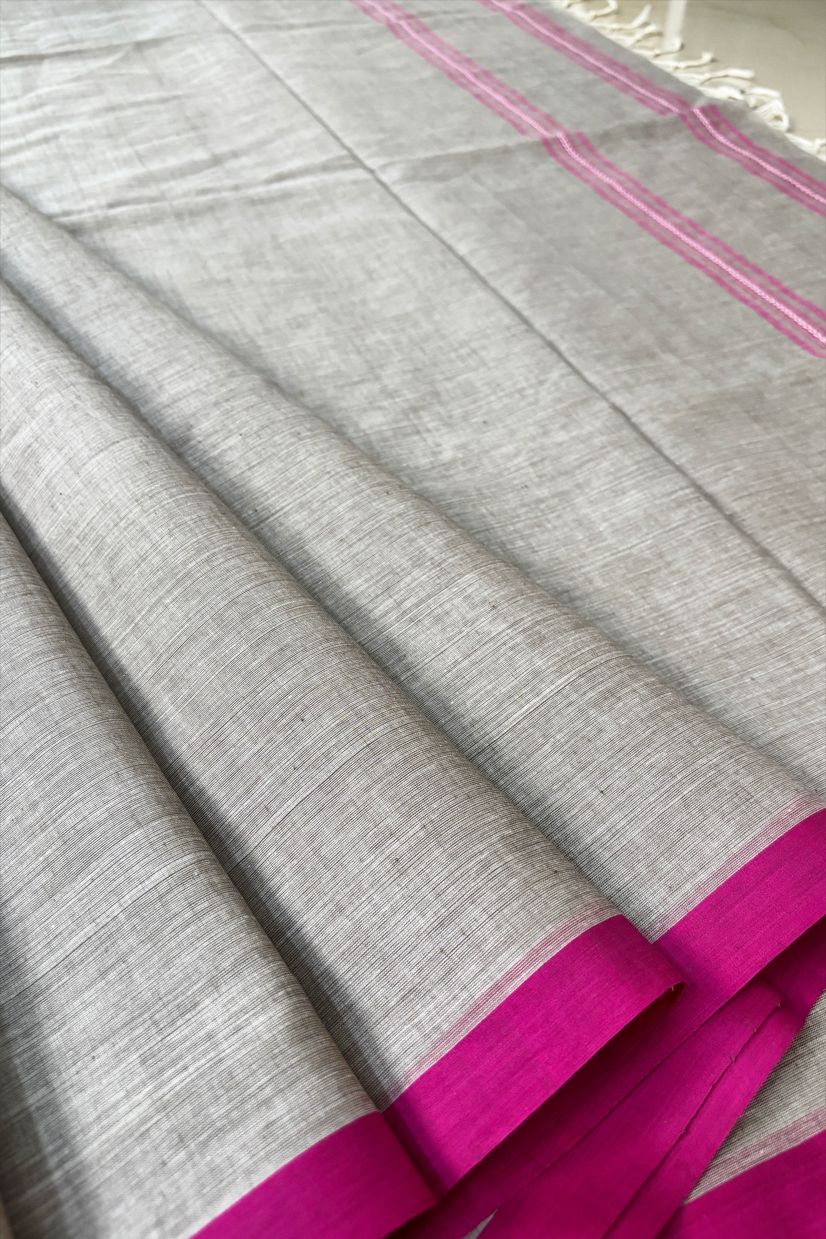 Grey Bengal Cotton Saree with Pink Borders