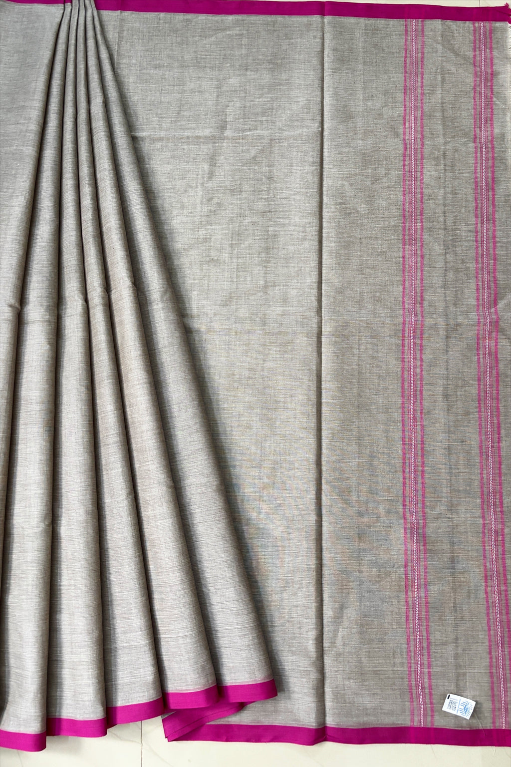 Grey Bengal Cotton Saree with Pink Borders