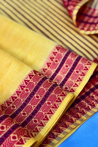 Light Yellow Bengal Cotton Saree with Woven Borders