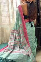 Sea Green Bengal Cotton Saree with Pink Borders