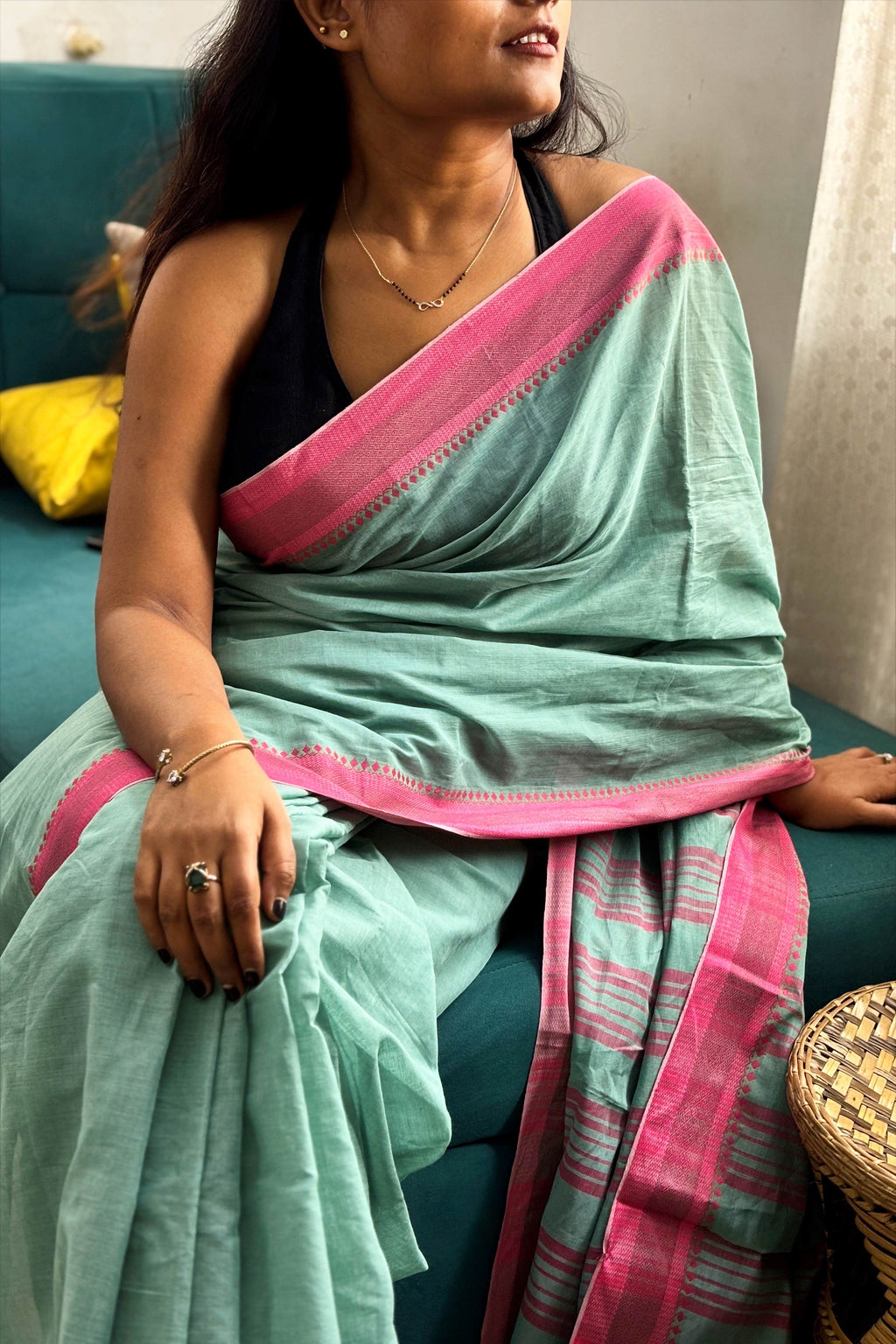 Sea Green Bengal Cotton Saree with Pink Borders