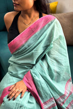 Sea Green Bengal Cotton Saree with Pink Borders