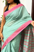 Sea Green Bengal Cotton Saree with Pink Borders