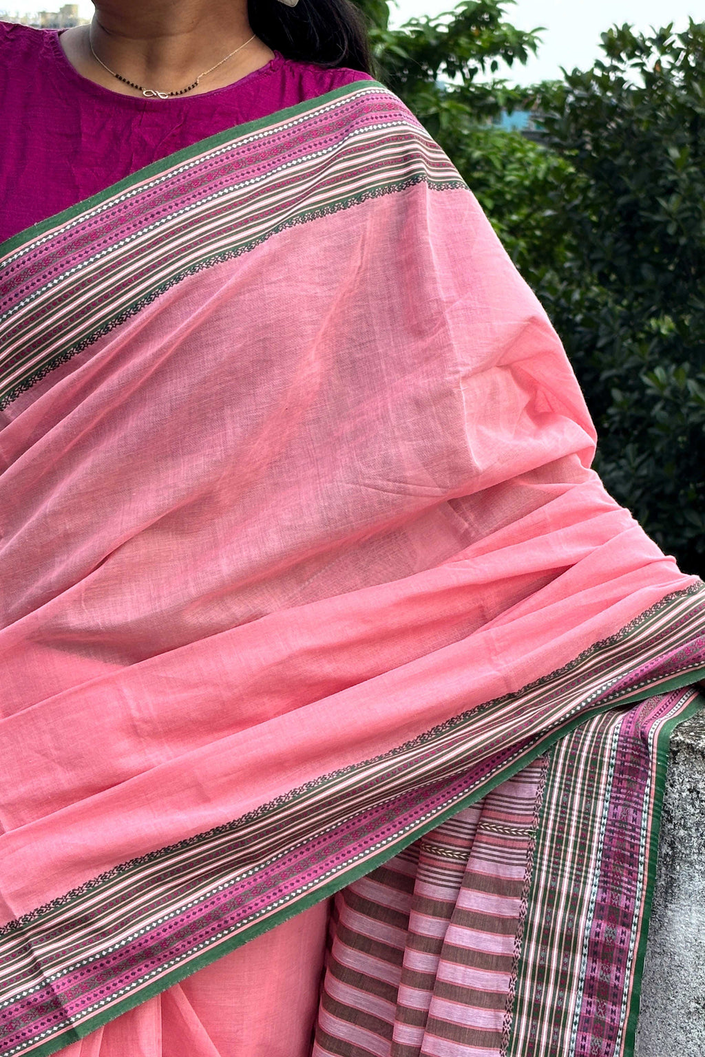Pink Bengal Cotton Saree with Multicolor Borders