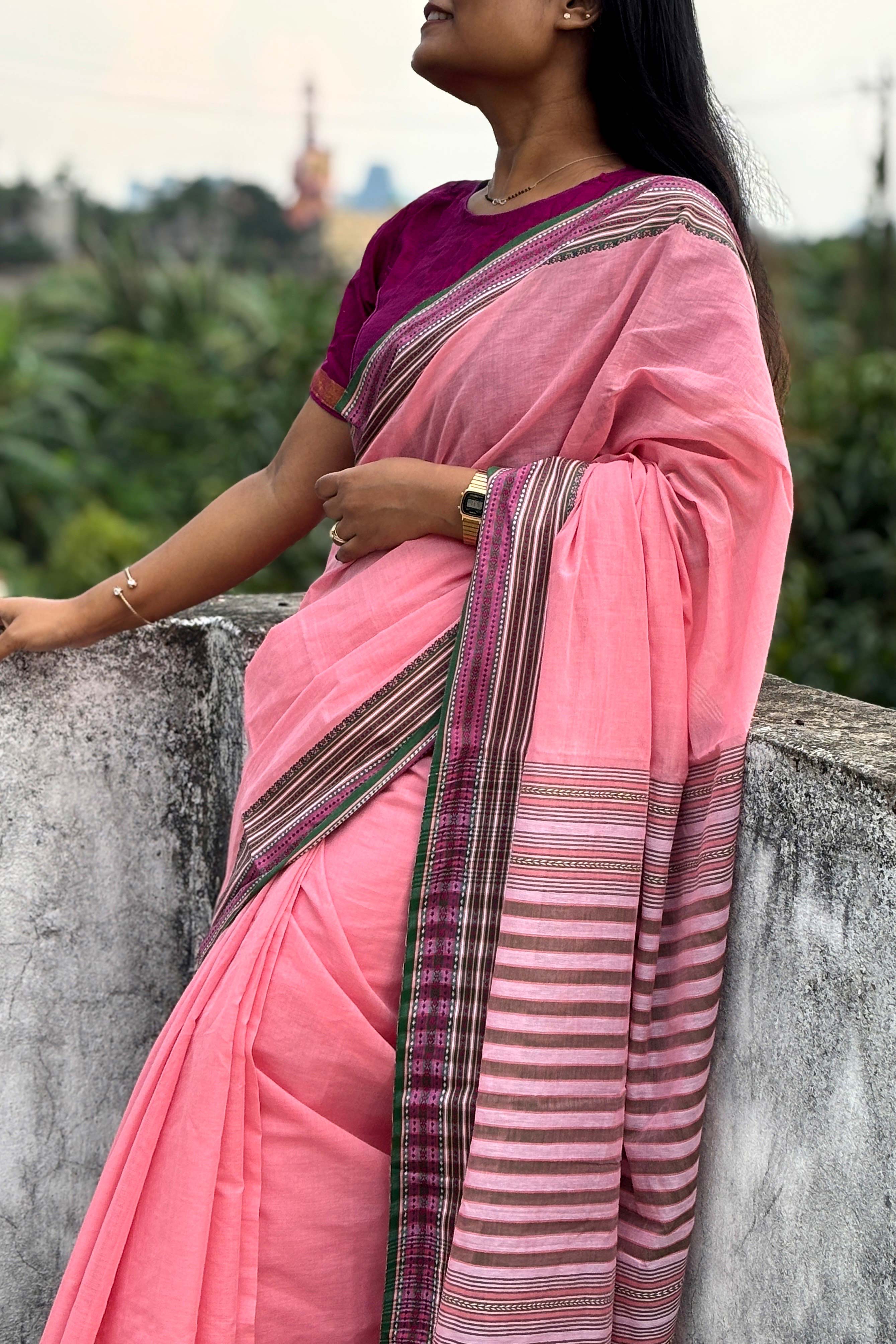 Pink Bengal Cotton Saree with Multicolor Borders