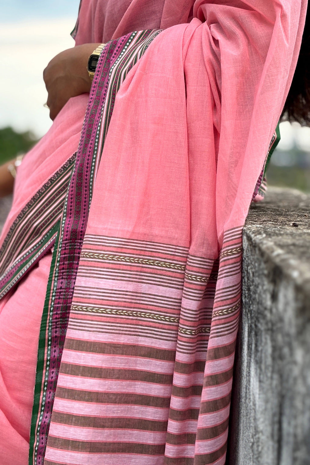Pink Bengal Cotton Saree with Multicolor Borders