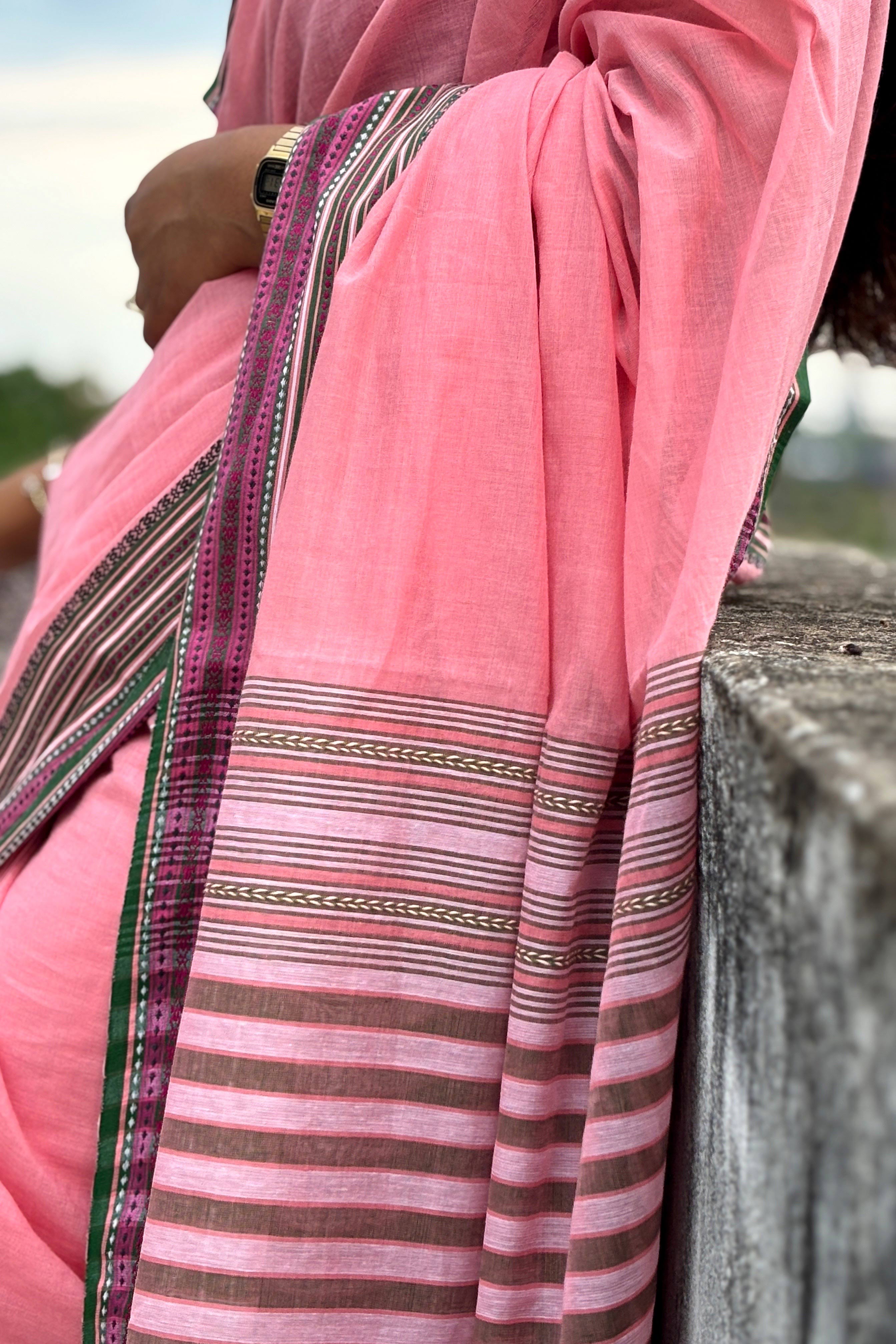 Pink Bengal Cotton Saree with Multicolor Borders