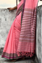 Pink Bengal Cotton Saree with Multicolor Borders