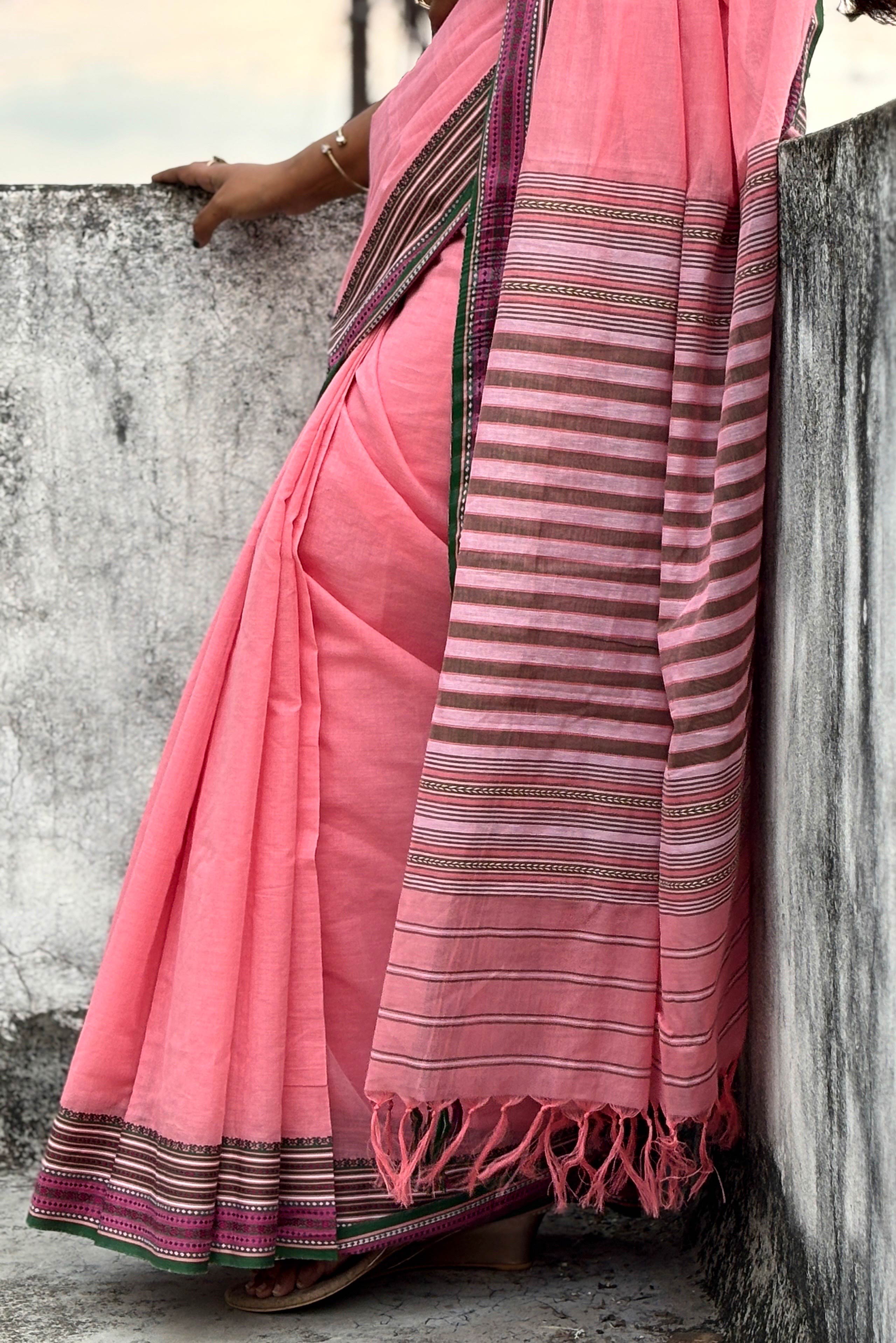 Pink Bengal Cotton Saree with Multicolor Borders