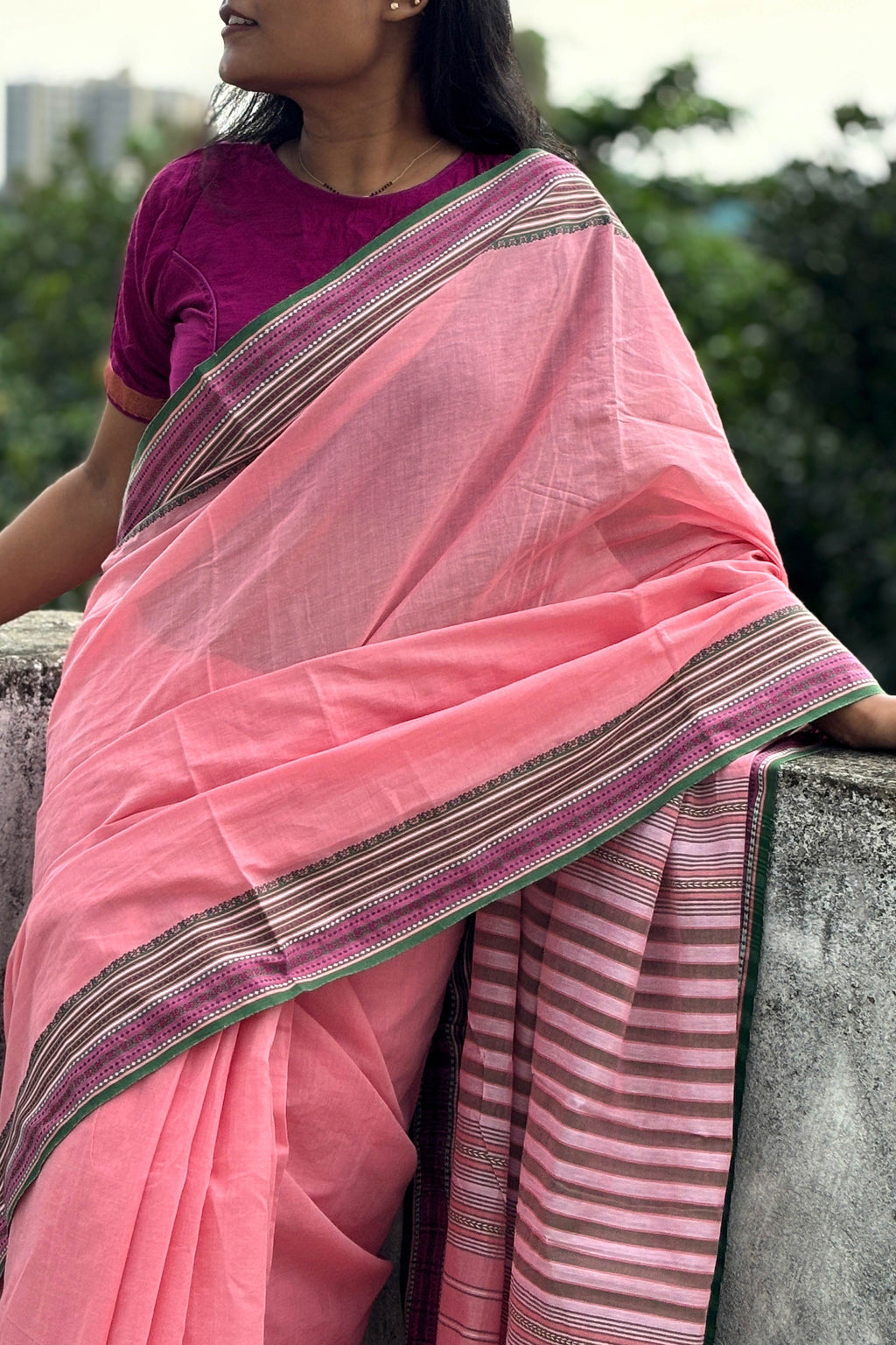 Pink Bengal Cotton Saree with Multicolor Borders